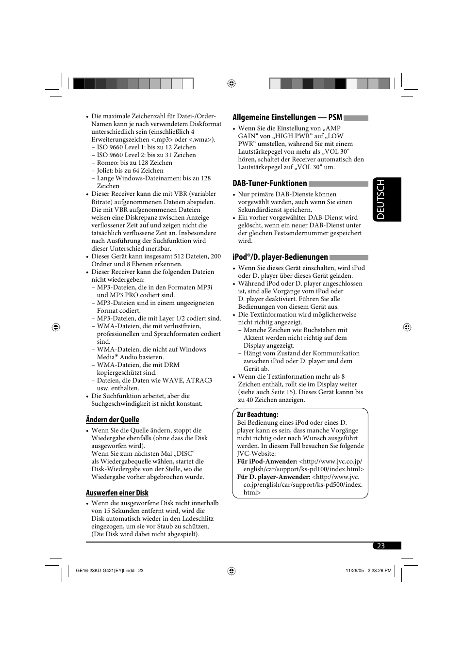 Deutsch, Allgemeine einstellungen — psm, Dab-tuner-funktionen | Ipod®/d. player-bedienungen | JVC KD-G421 User Manual | Page 49 / 80