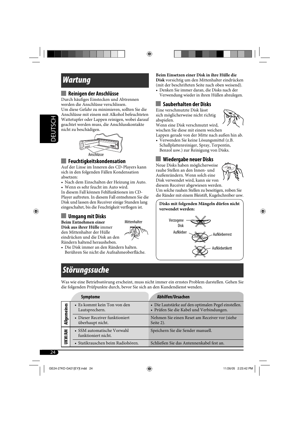 Wartung, Störungssuche, Deutsch | Reinigen der anschlüsse, Feuchtigkeitskondensation, Umgang mit disks, Sauberhalten der disks, Wiedergabe neuer disks | JVC KD-G421 User Manual | Page 50 / 80