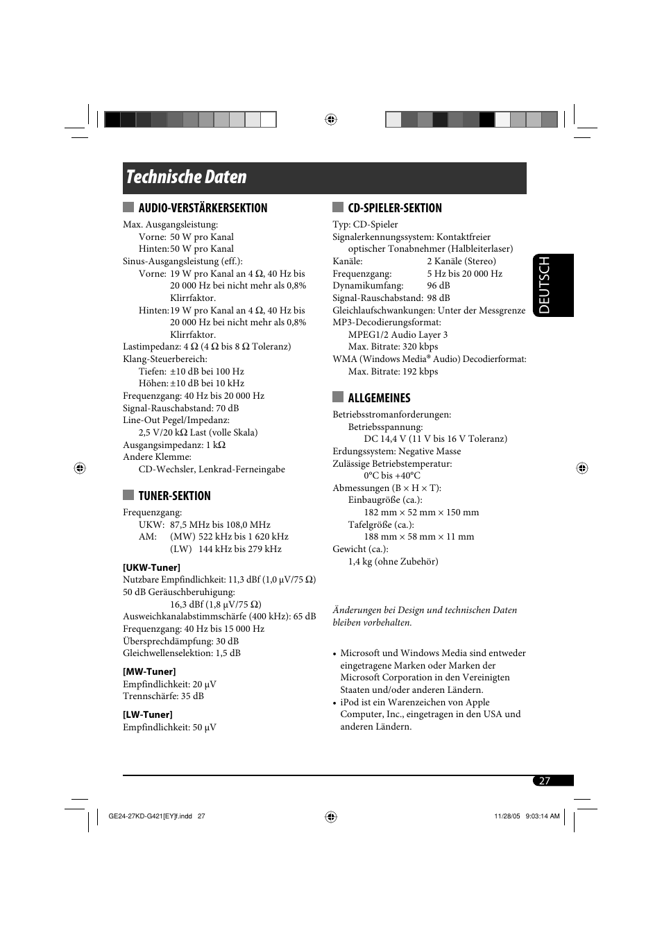 Technische daten, Deutsch, Audio-verstärkersektion | Tuner-sektion, Cd-spieler-sektion, Allgemeines | JVC KD-G421 User Manual | Page 53 / 80