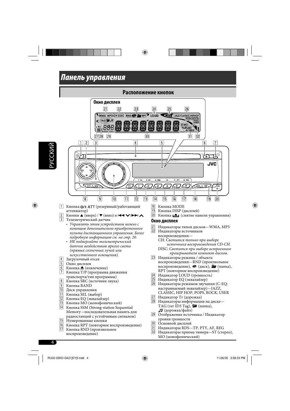 Панель управления, Руcckий, Расположение кнопок | JVC KD-G421 User Manual | Page 56 / 80
