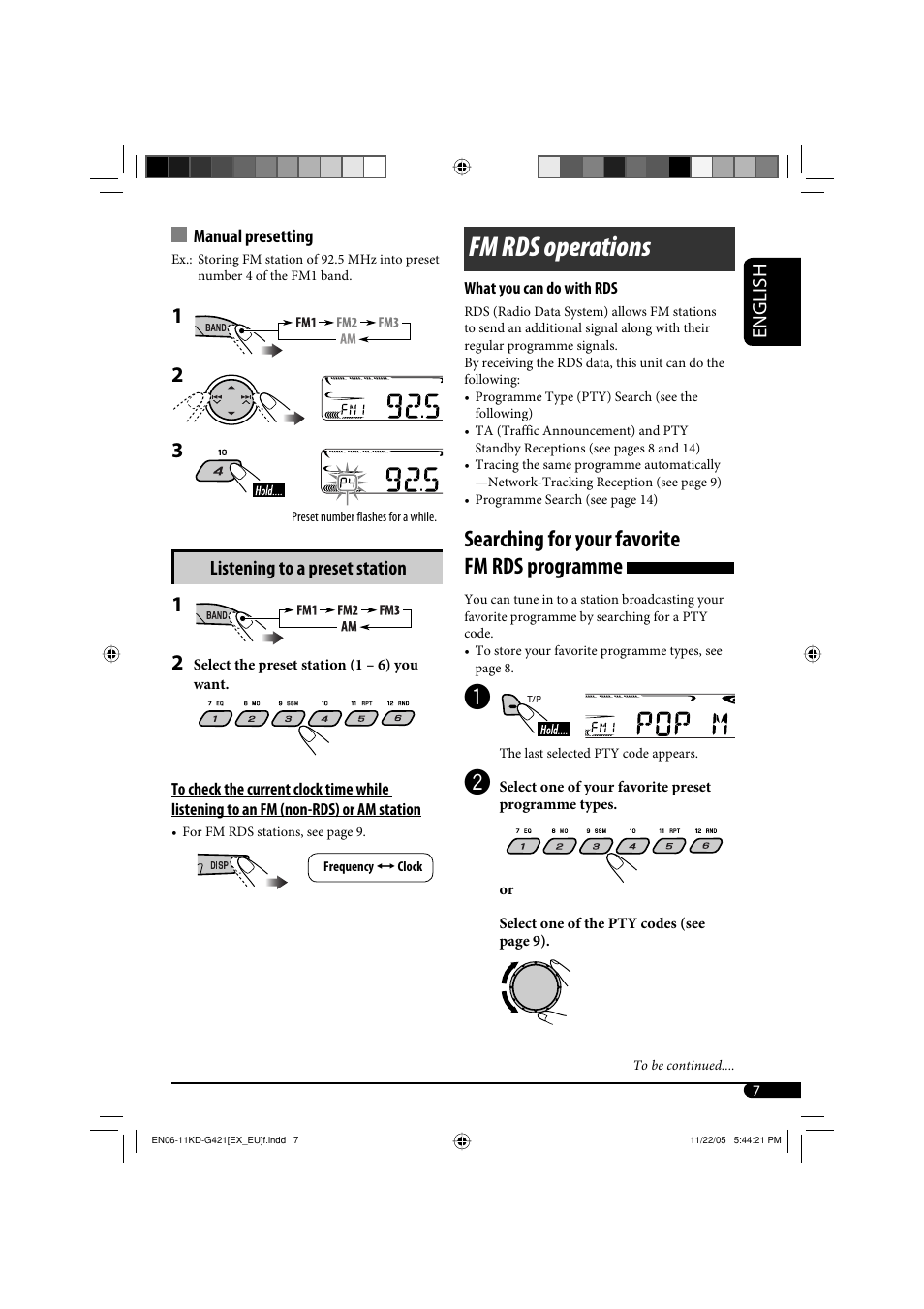 Fm rds operations, Searching for your favorite fm rds programme, English | Listening to a preset station | JVC KD-G421 User Manual | Page 7 / 80
