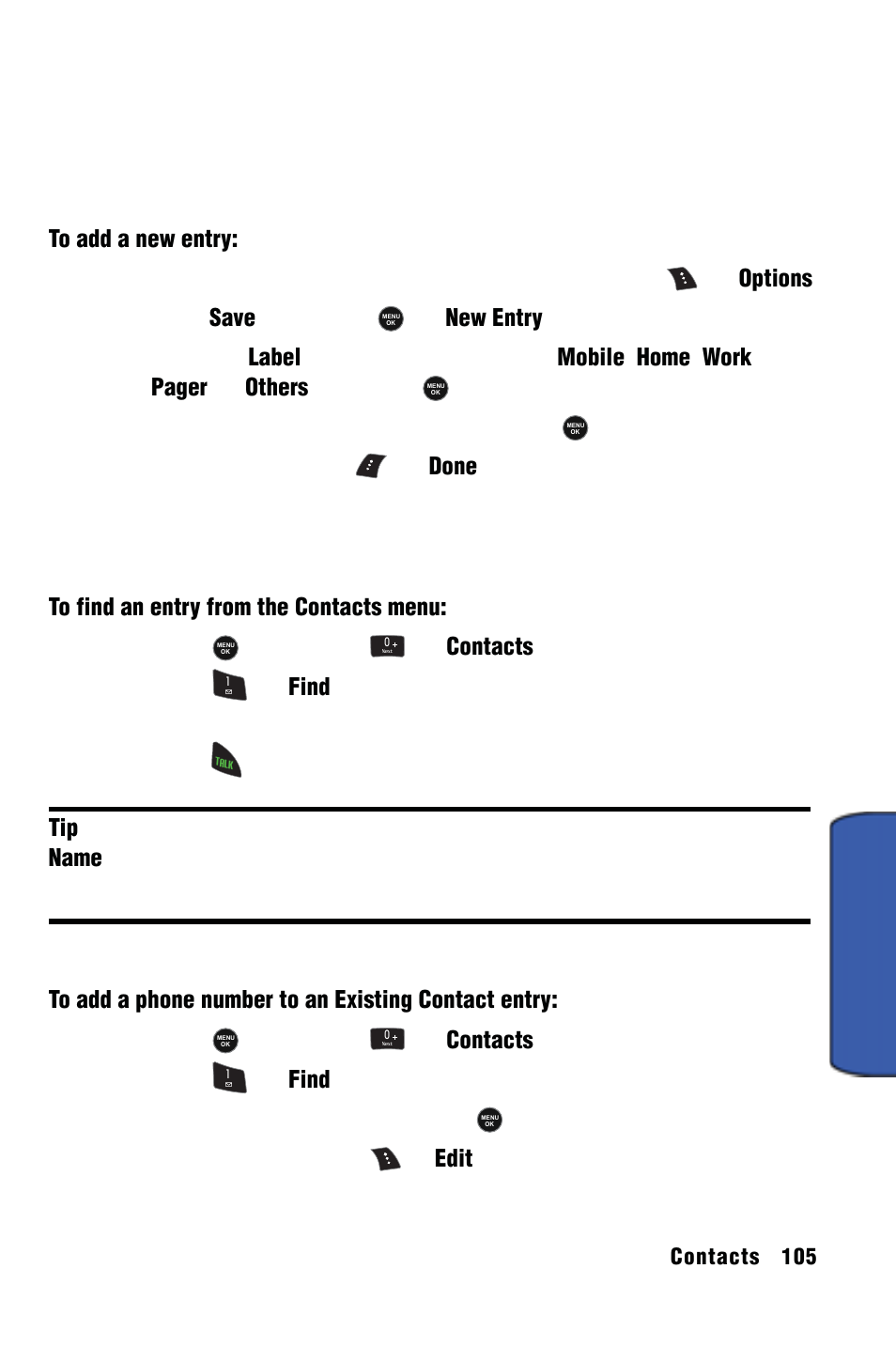 Contacts, Adding a new contact, Finding contacts | Adding a phone number to an existing contact entry, Contact s | Samsung SPH-m50 User Manual | Page 111 / 147