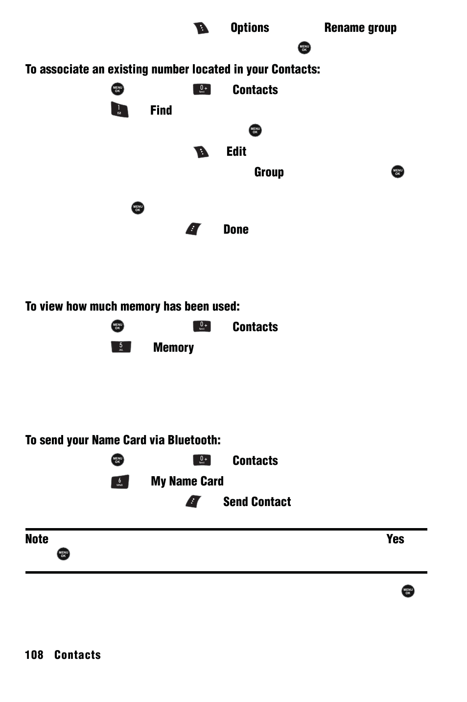 My name card, Press , followed by for contacts, Press for find | Select the desired entry and press, Press the right softkey to edit the entry, Press the left softkey for done, Press for my name card | Samsung SPH-m50 User Manual | Page 114 / 147