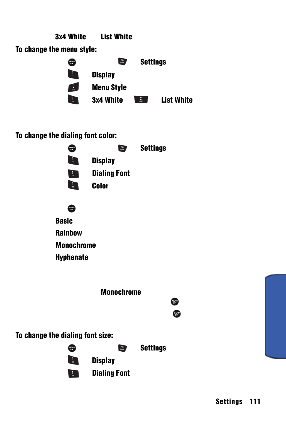 Settings, Menu style, Dialing font | Samsung SPH-m50 User Manual | Page 117 / 147