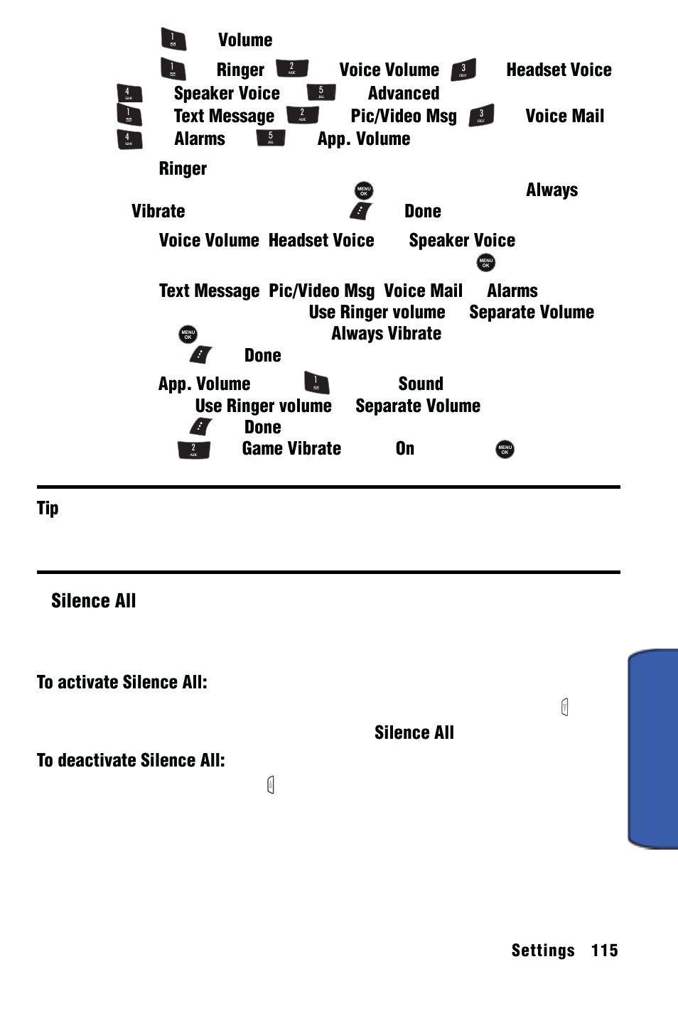 Settings 3, Silence all | Samsung SPH-m50 User Manual | Page 121 / 147