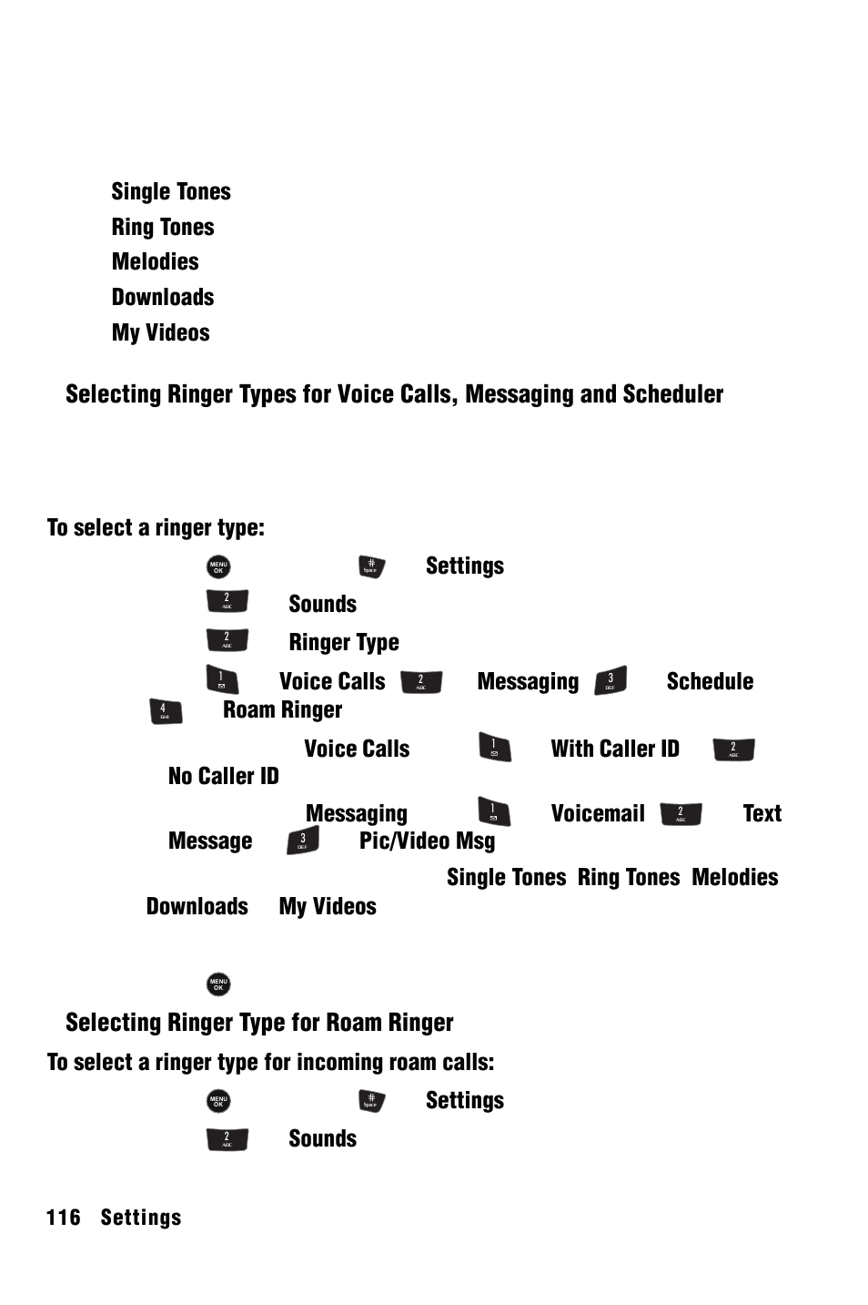 Ringer type, Selecting ringer type for roam ringer | Samsung SPH-m50 User Manual | Page 122 / 147