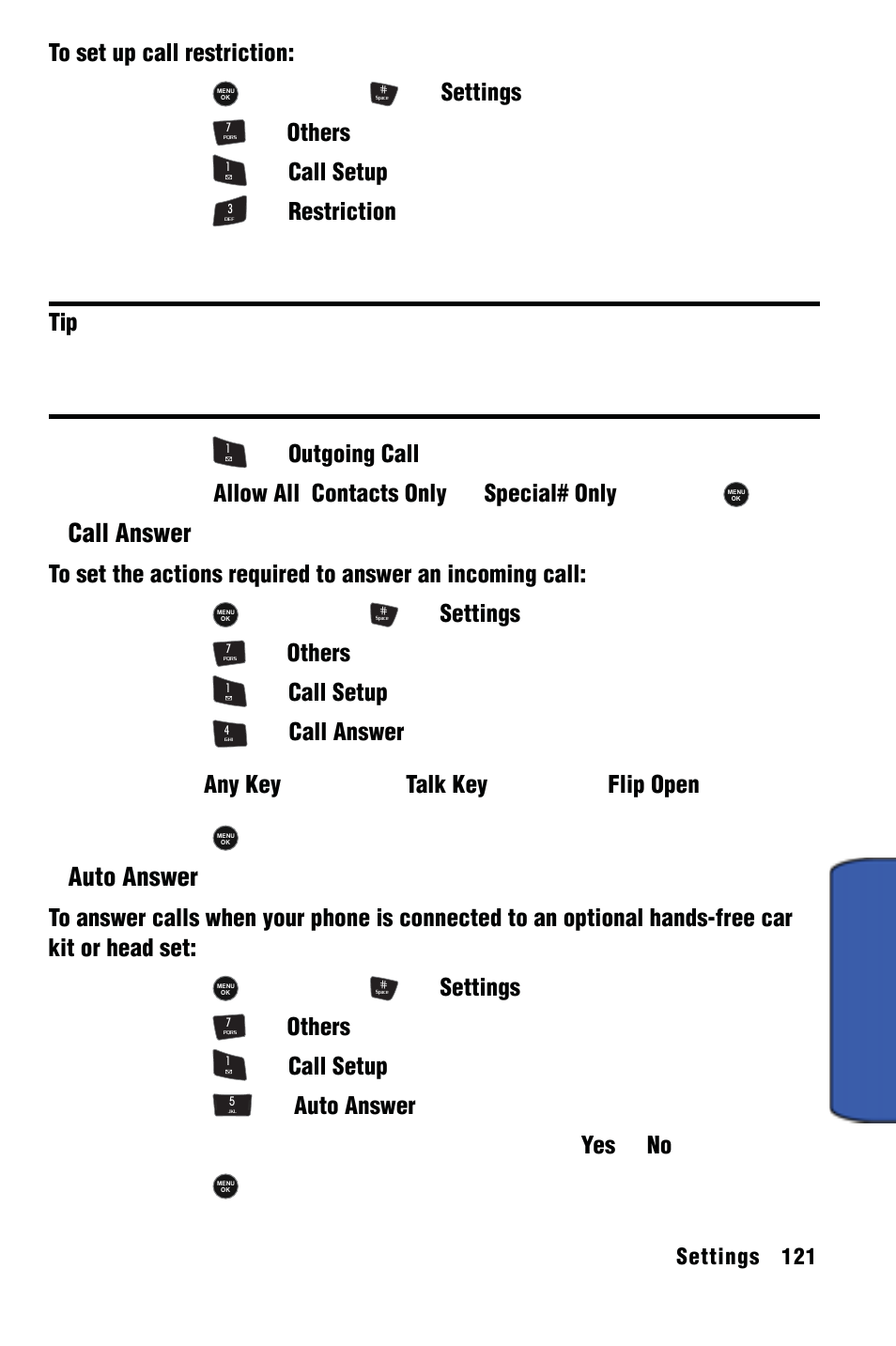 Settings, Call answer, Auto answer | Samsung SPH-m50 User Manual | Page 127 / 147