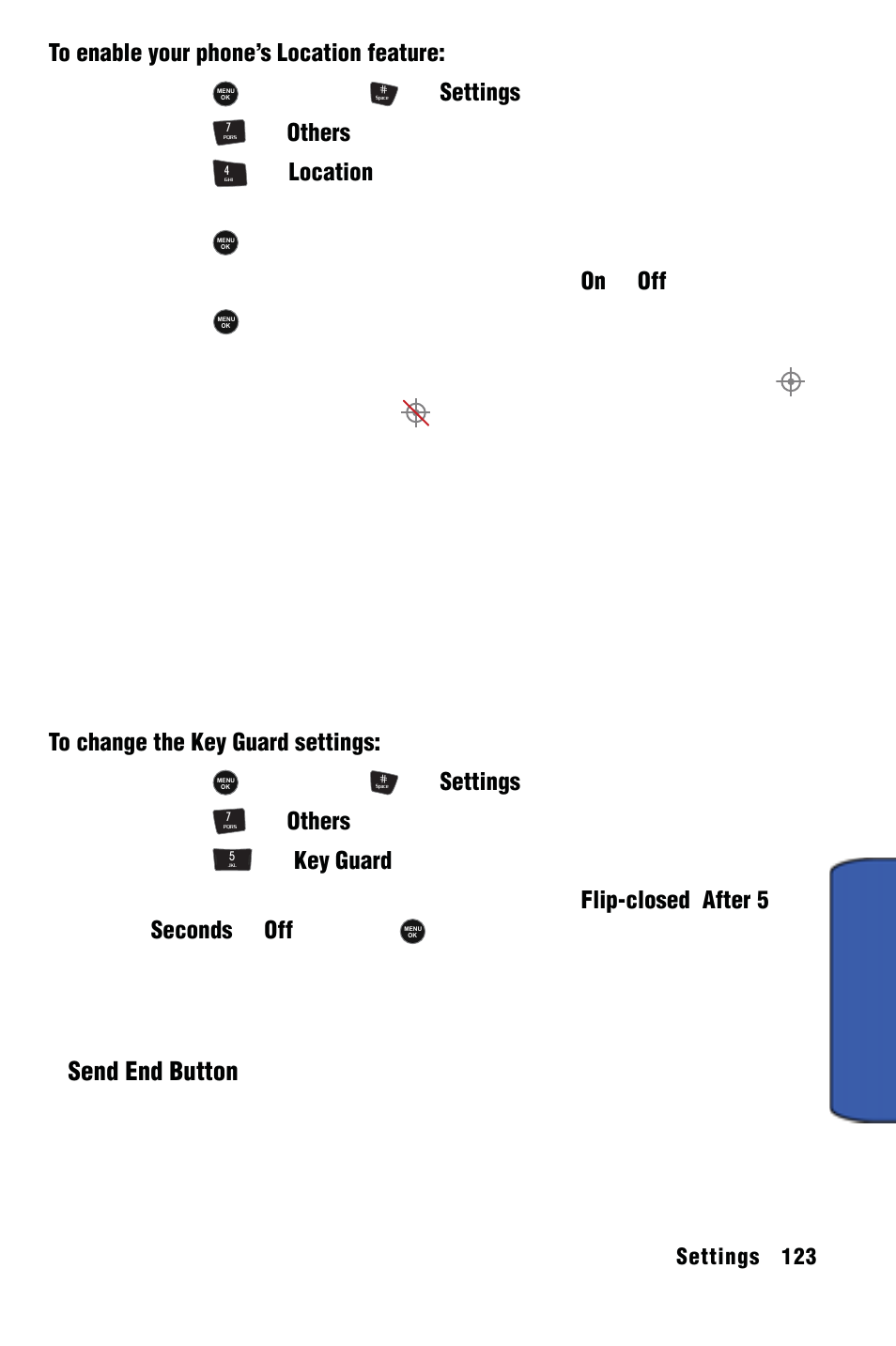 Settings, Key guard, Headset mode | Send end button | Samsung SPH-m50 User Manual | Page 129 / 147