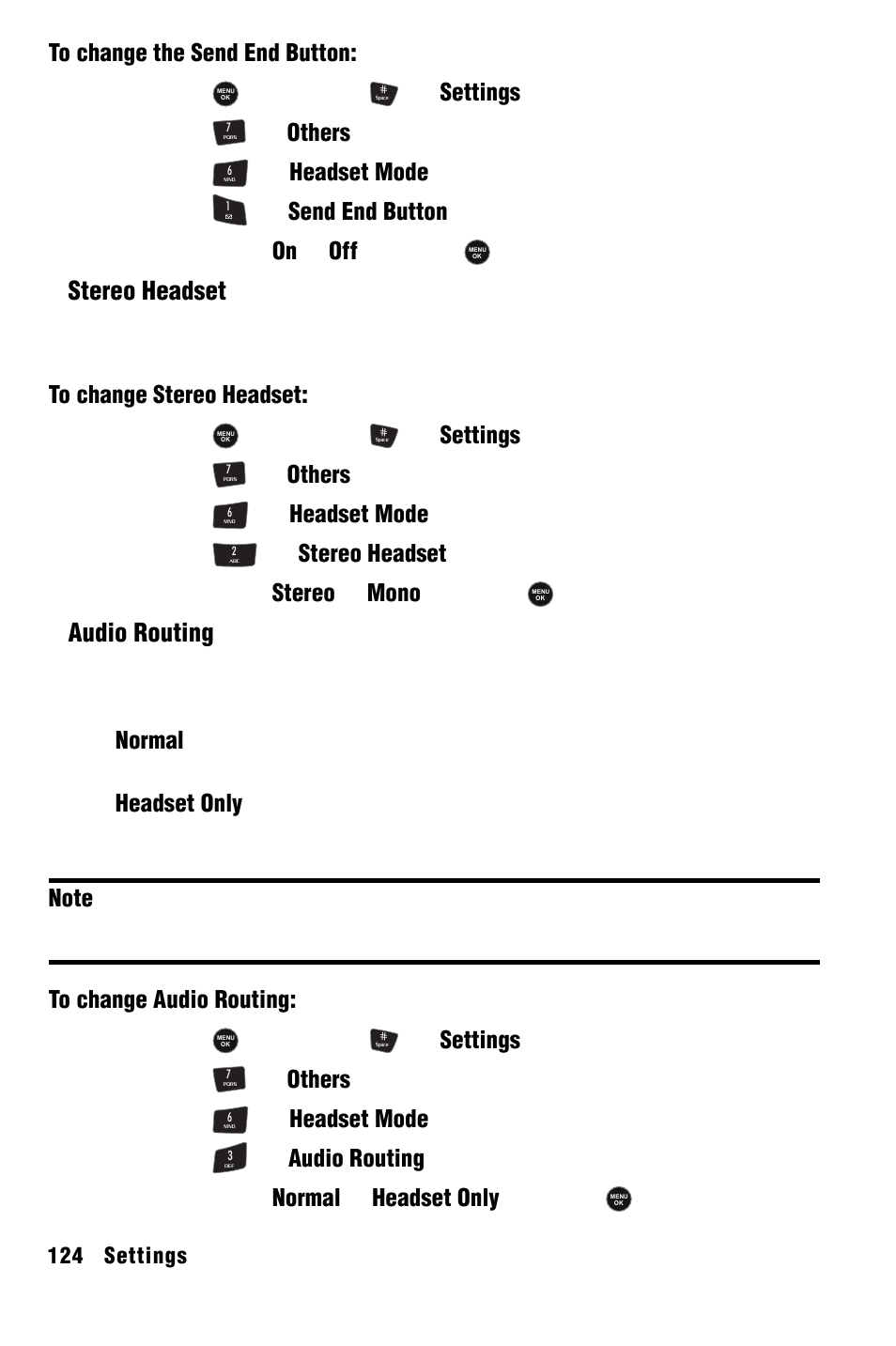 Stereo headset, Audio routing, Press , followed by for settings | Press for others, Press for headset mode, Press for send end button, Select either on or off and press, Press for stereo headset, Select either stereo or mono and press, Press for audio routing | Samsung SPH-m50 User Manual | Page 130 / 147