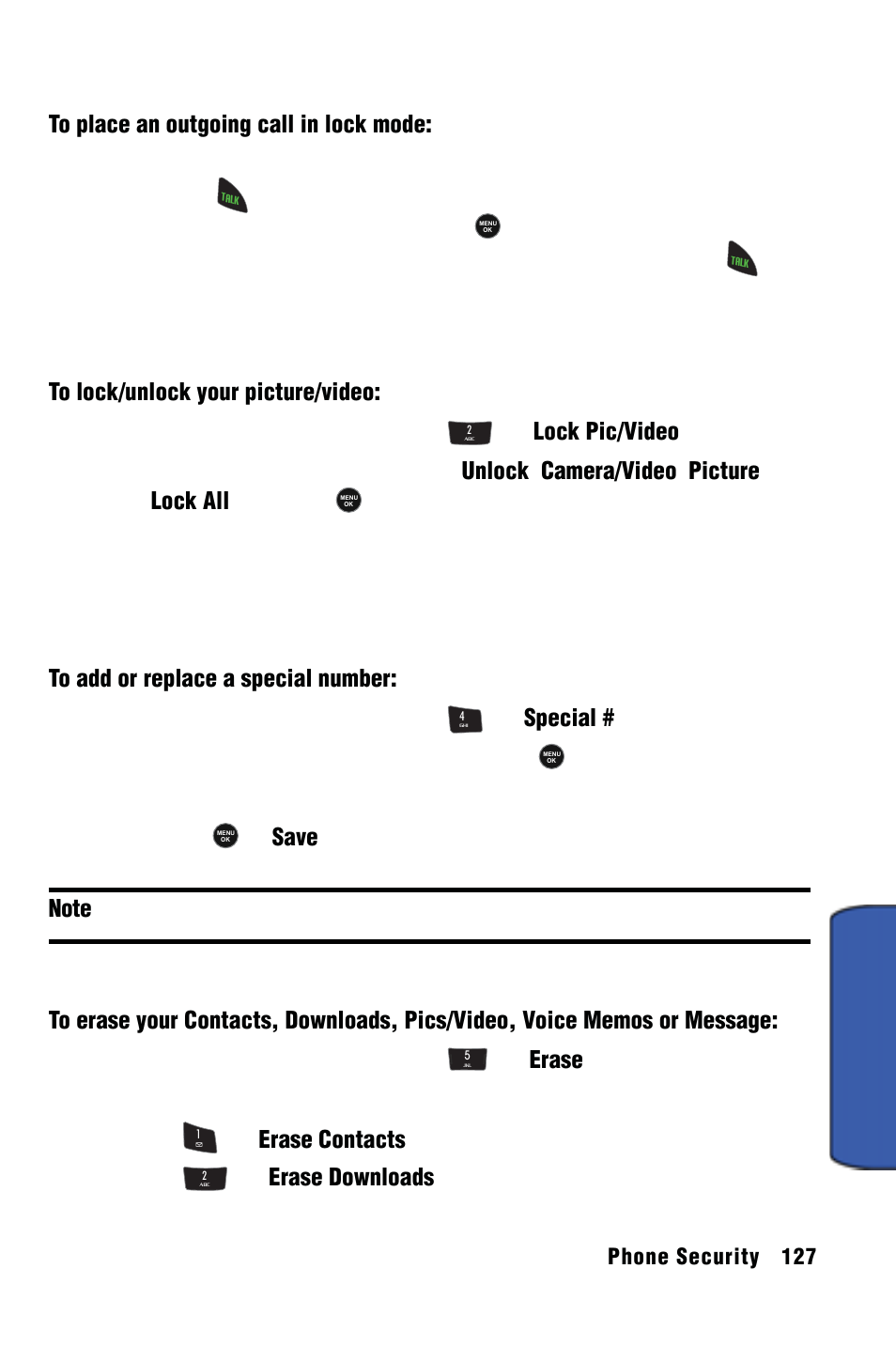 Special #s, Erase, Phone security | Samsung SPH-m50 User Manual | Page 133 / 147