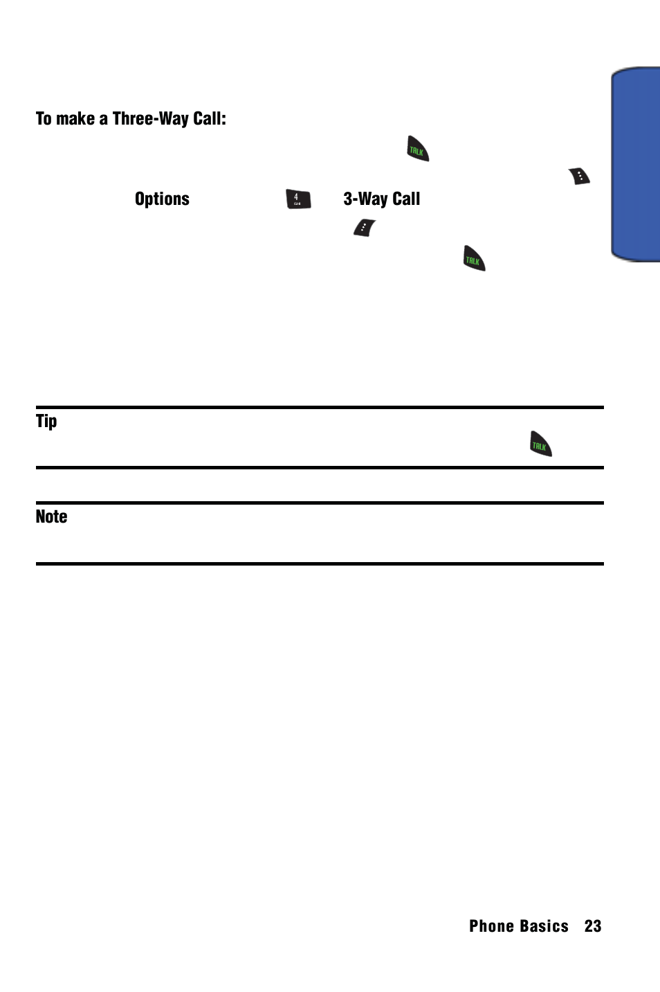 Making a three-way call, Tty use with handset, Phone basics | Samsung SPH-m50 User Manual | Page 29 / 147