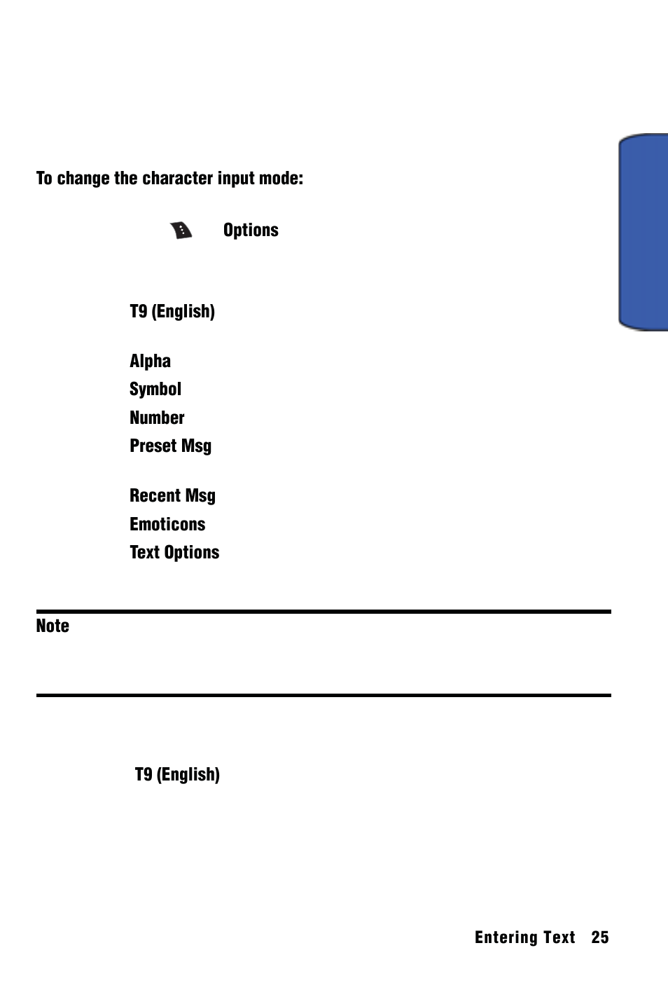 Entering text, Selecting a character input mode, T9 text input | Samsung SPH-m50 User Manual | Page 31 / 147