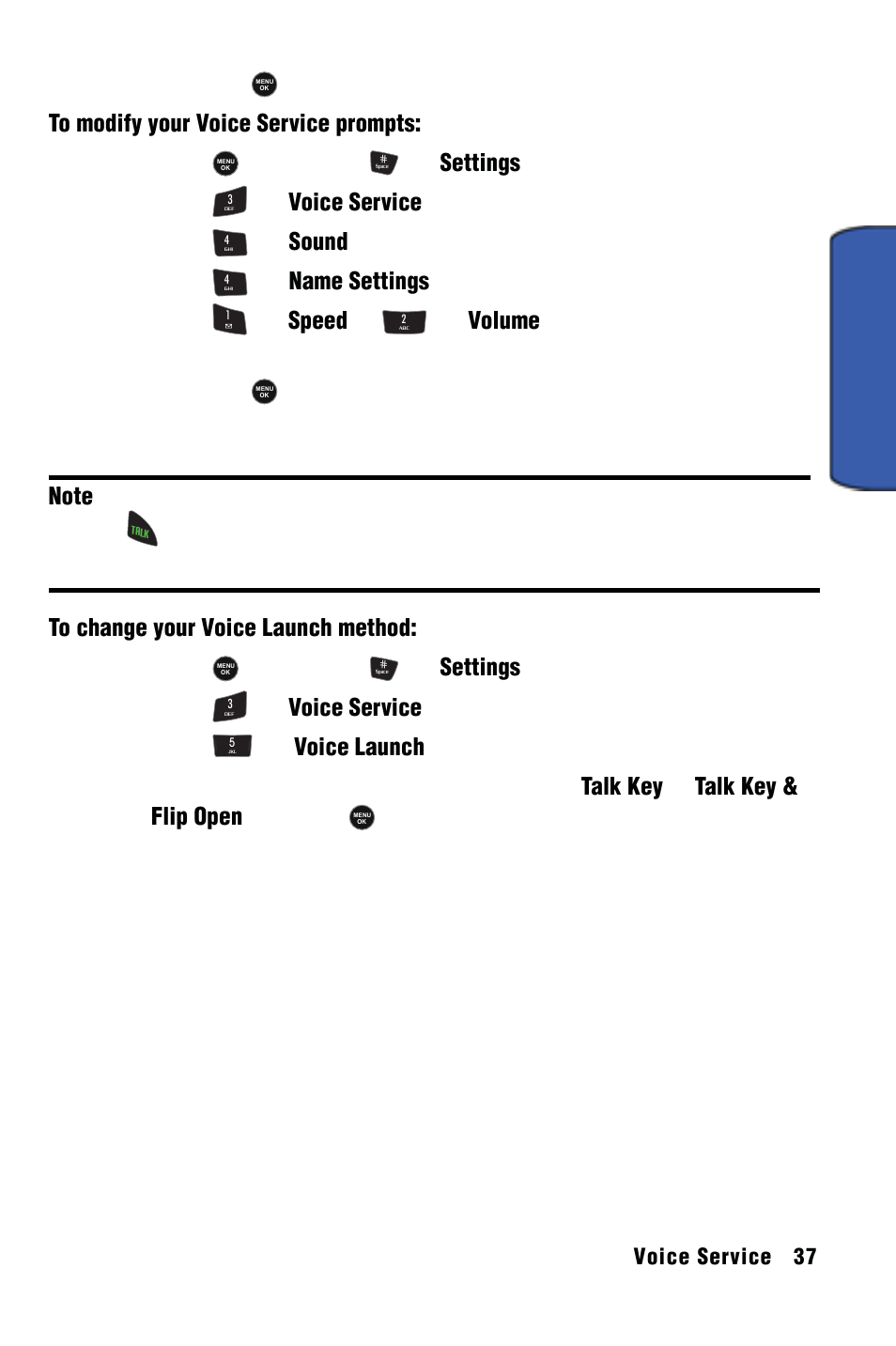 Voice service 5, Voice launch, Press , followed by for settings | Press for voice service, Press for sound, Press for name settings, Press for speed or for volume, Press for voice launch | Samsung SPH-m50 User Manual | Page 43 / 147
