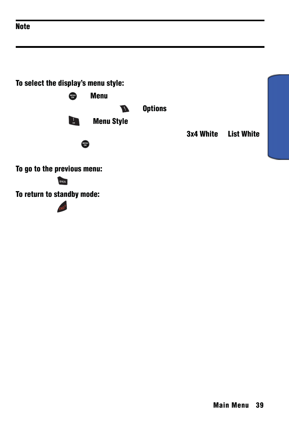 Changing the phone’s menu style, Backing up within a menu, Main menu | Samsung SPH-m50 User Manual | Page 45 / 147