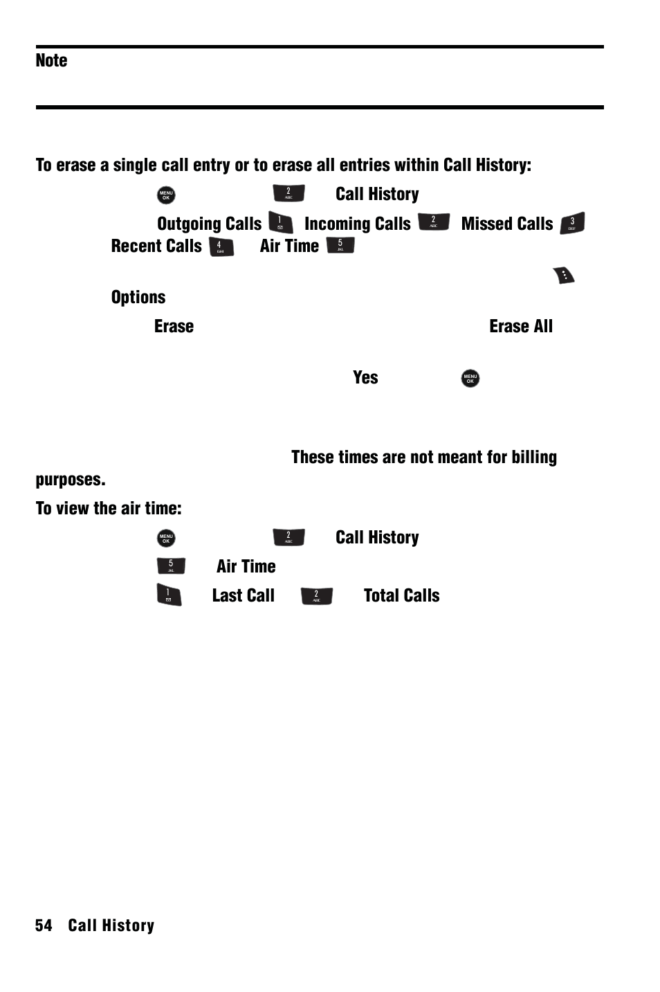 Erasing call history, Air time, Press , followed by for call history | Highlight the entry you want to erase and press, Right softkey for options, Press for air time, Press for last call or for total calls | Samsung SPH-m50 User Manual | Page 60 / 147