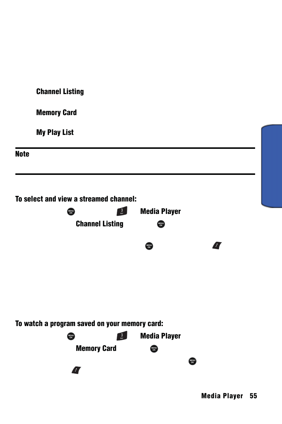 Media player, Channel listing, Media p layer | Samsung SPH-m50 User Manual | Page 61 / 147