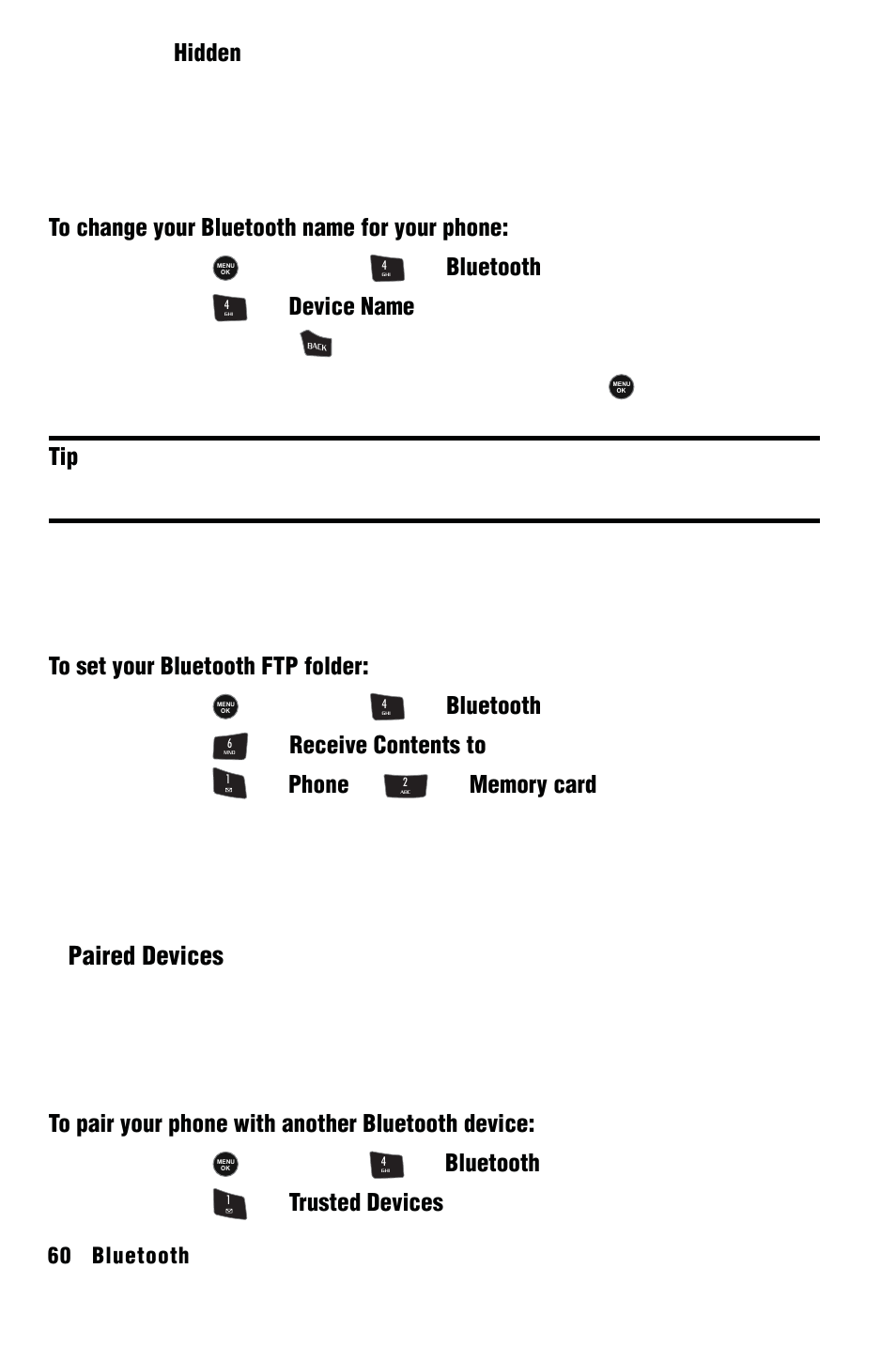 Device name, Exchange ftp folder, Pairing bluetooth devices | Paired devices | Samsung SPH-m50 User Manual | Page 66 / 147