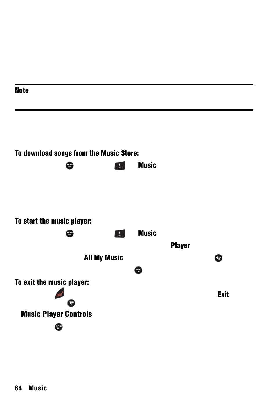 Music, Music store, Music player | Music player controls | Samsung SPH-m50 User Manual | Page 70 / 147