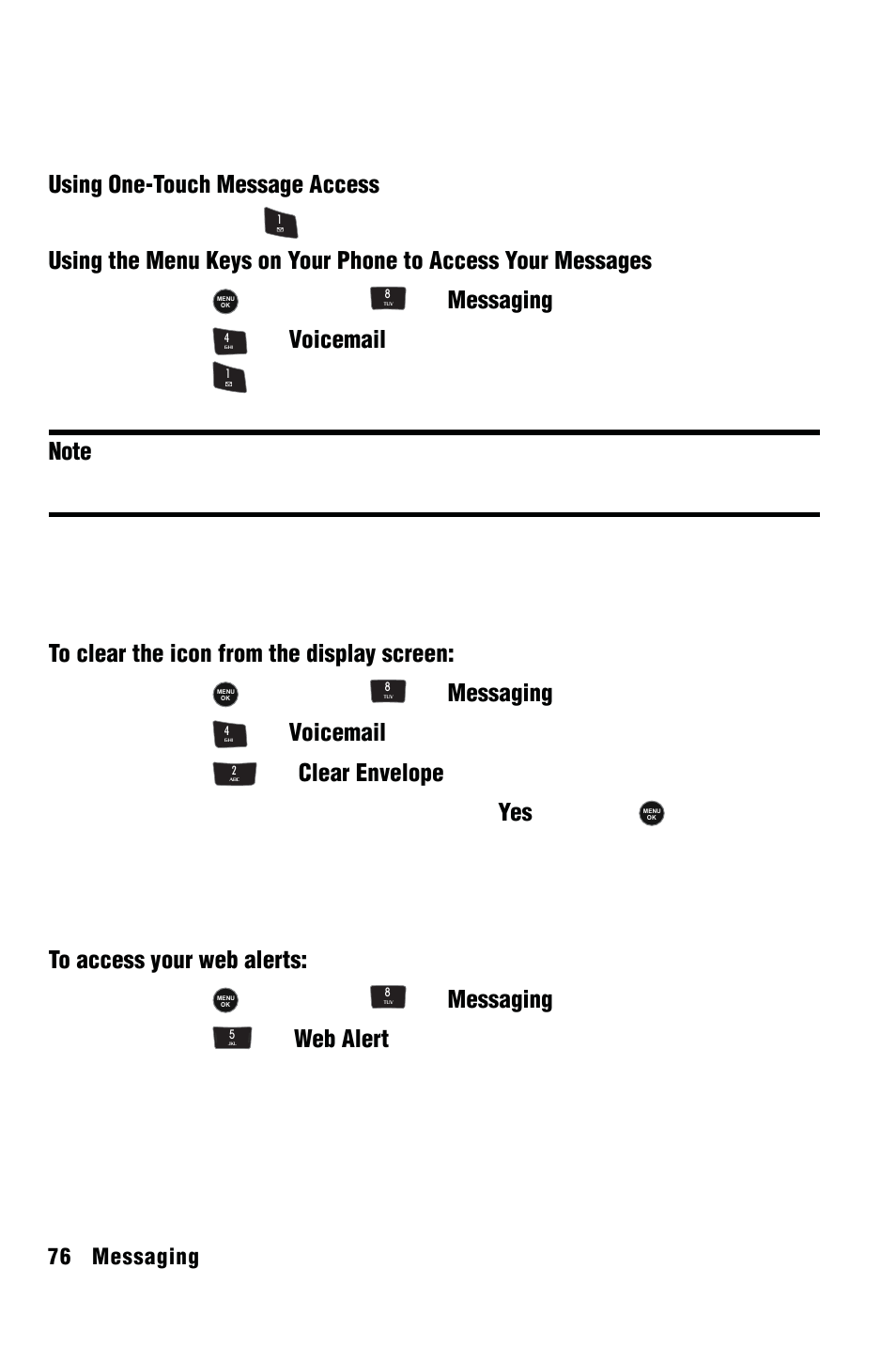 Web alert, Settings, Retrieving your voicemail messages | Clearing the message icon | Samsung SPH-m50 User Manual | Page 82 / 147
