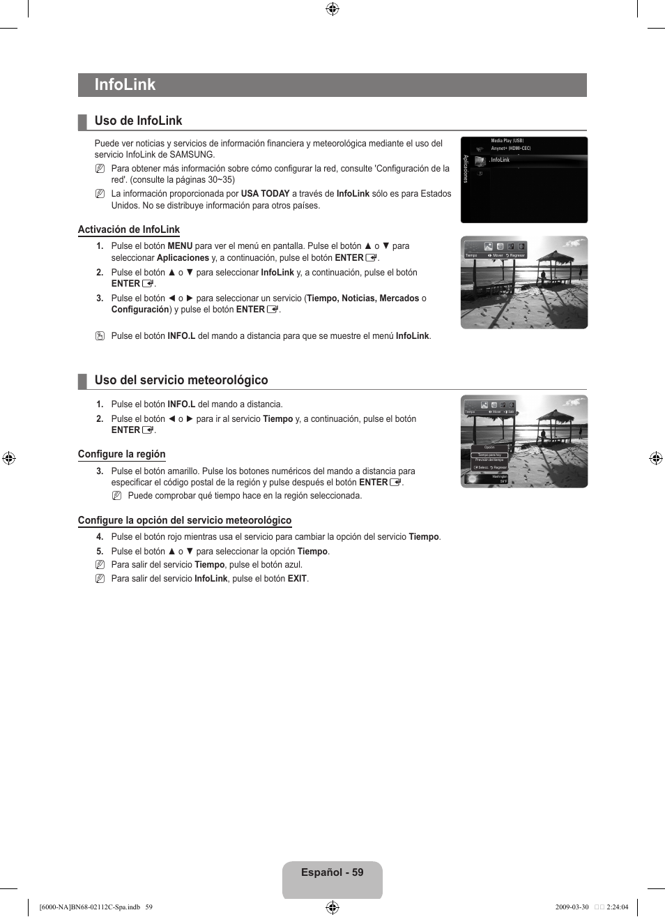 Infolink, Uso de infolink, Uso del servicio meteorológico | Samsung UNB6000 User Manual | Page 148 / 239