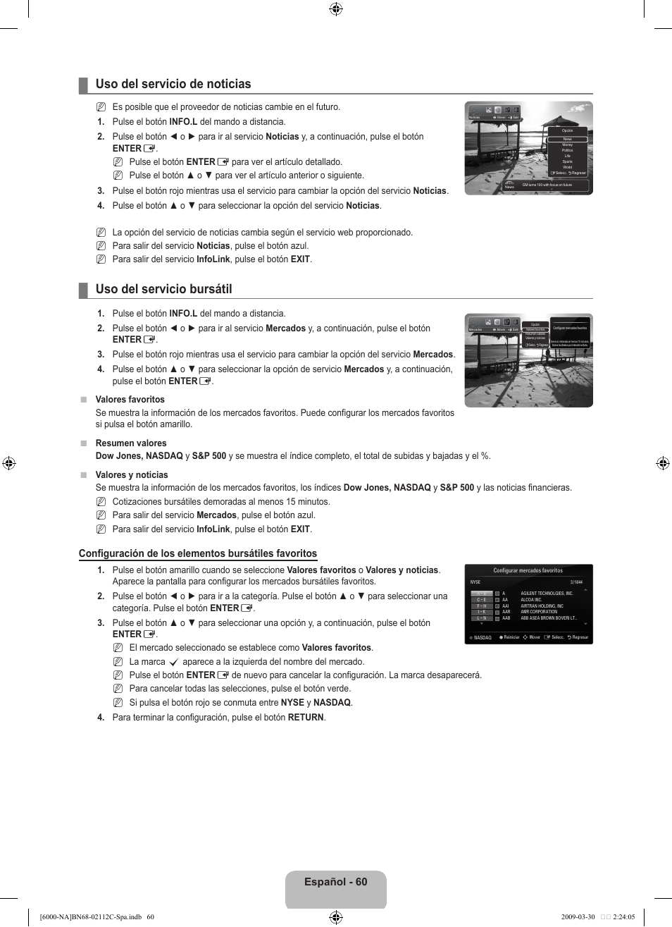Uso del servicio de noticias, Uso del servicio bursátil, Español - 60 | Samsung UNB6000 User Manual | Page 149 / 239