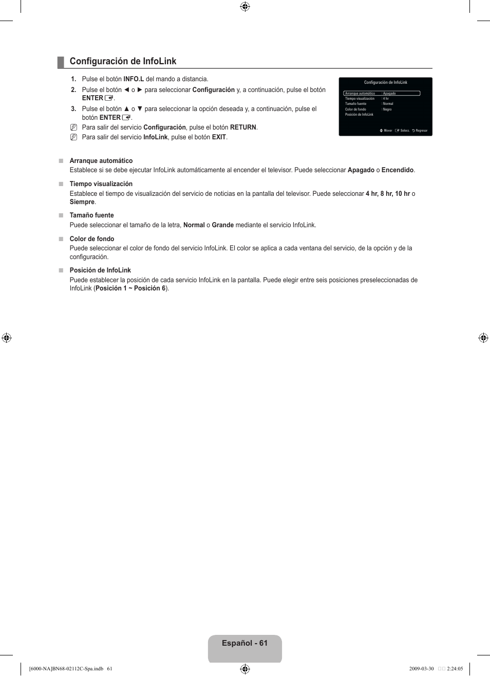 Configuración de infolink, Español - 61 | Samsung UNB6000 User Manual | Page 150 / 239