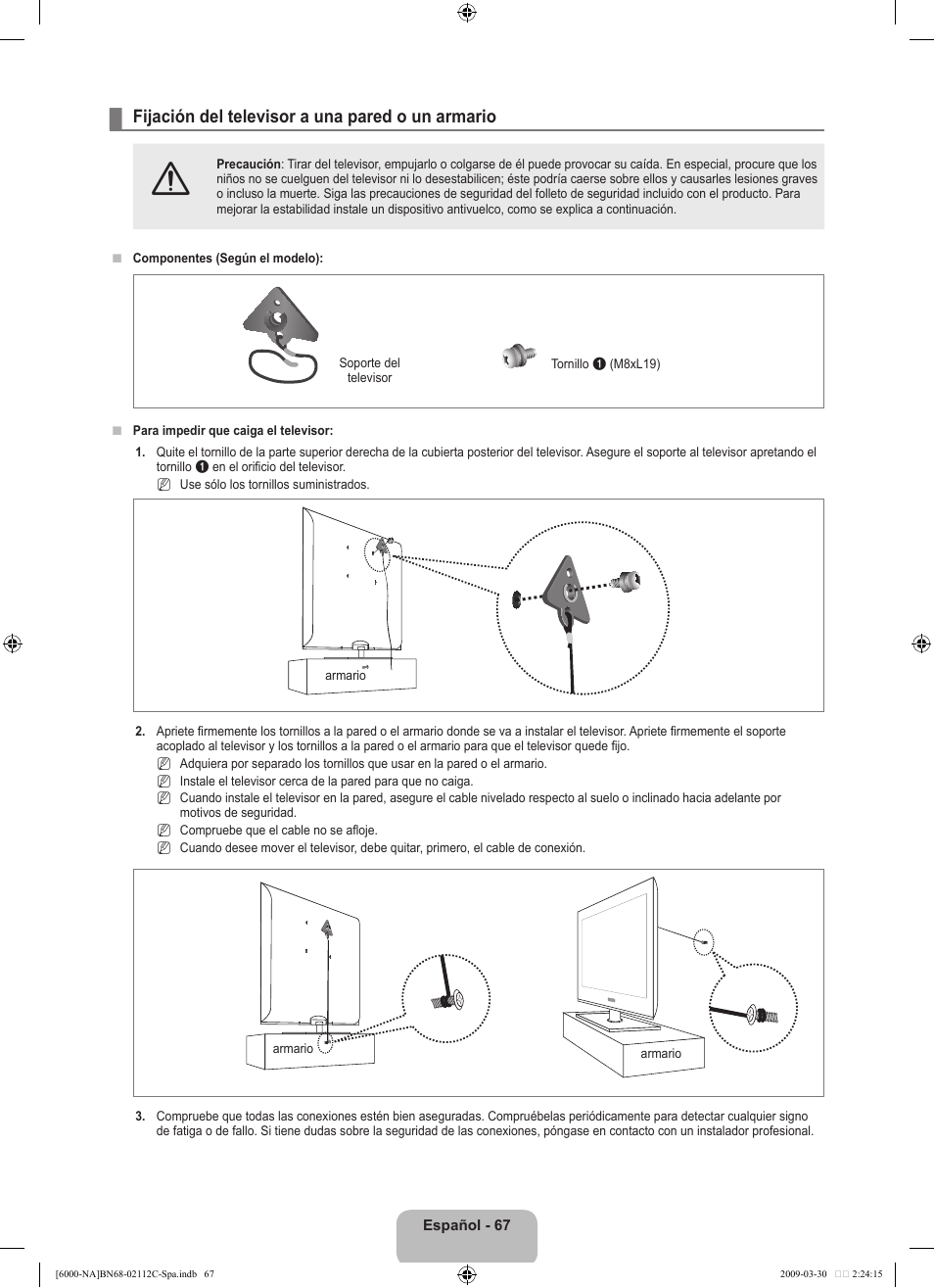 Fijación del televisor a una pared o un armario | Samsung UNB6000 User Manual | Page 156 / 239