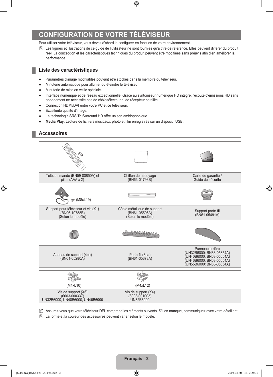 Configuration de votre téléviseur, Liste des caractéristiques, Accessoires | Samsung UNB6000 User Manual | Page 167 / 239