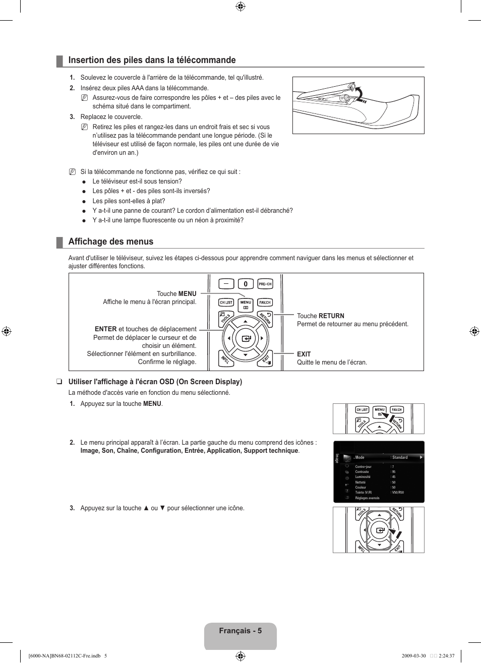 Insertion des piles dans la télécommande, Affichage des menus | Samsung UNB6000 User Manual | Page 170 / 239