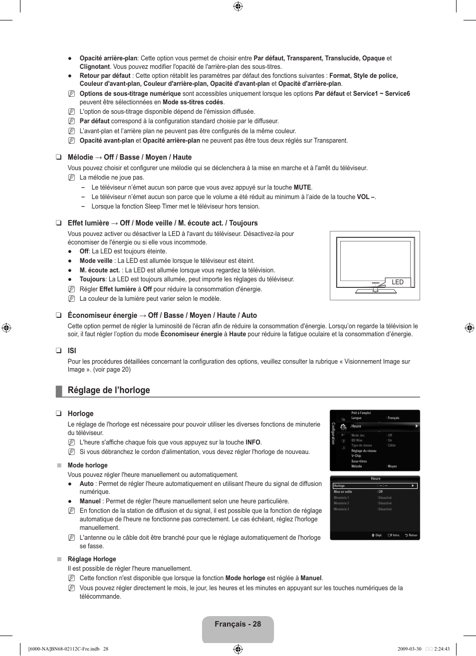 Réglage de l’horloge | Samsung UNB6000 User Manual | Page 193 / 239