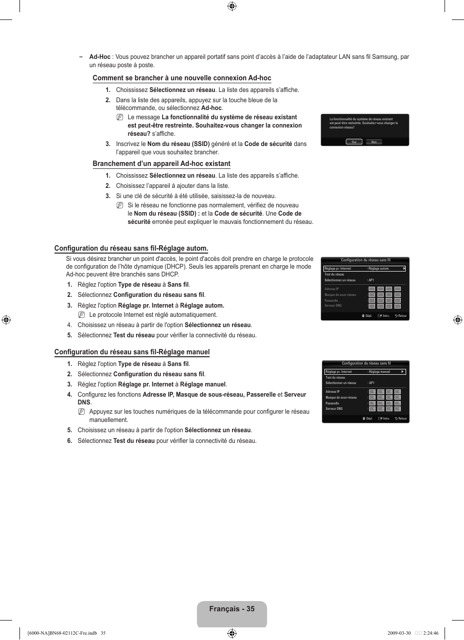 Français, Branchement d’un appareil ad-hoc existant, Configuration du réseau sans fil-réglage autom | Configuration du réseau sans fil-réglage manuel | Samsung UNB6000 User Manual | Page 200 / 239