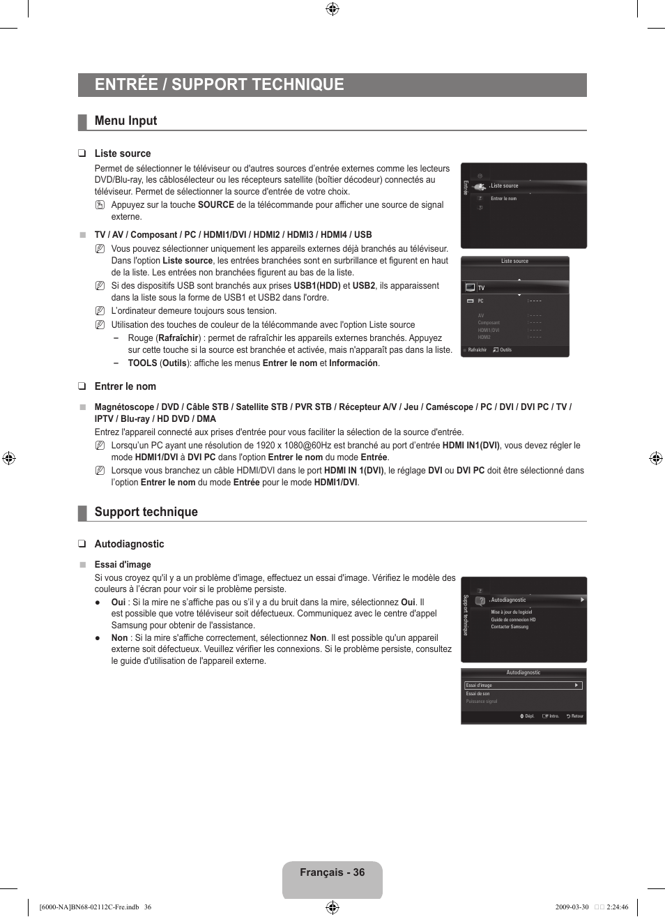 Entrée / support technique, Menu input, Support technique | Français - 6, Liste source, Entrer le nom, Autodiagnostic | Samsung UNB6000 User Manual | Page 201 / 239