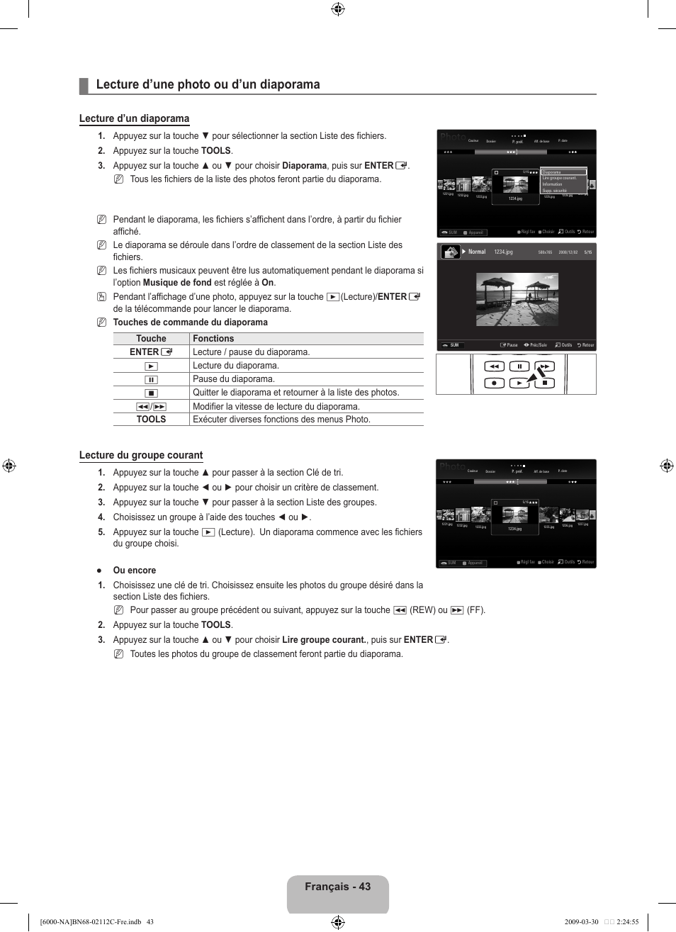 Lecture d’une photo ou d’un diaporama, Français - 4, Lecture d’un diaporama | Lecture du groupe courant, No n ● n n | Samsung UNB6000 User Manual | Page 208 / 239