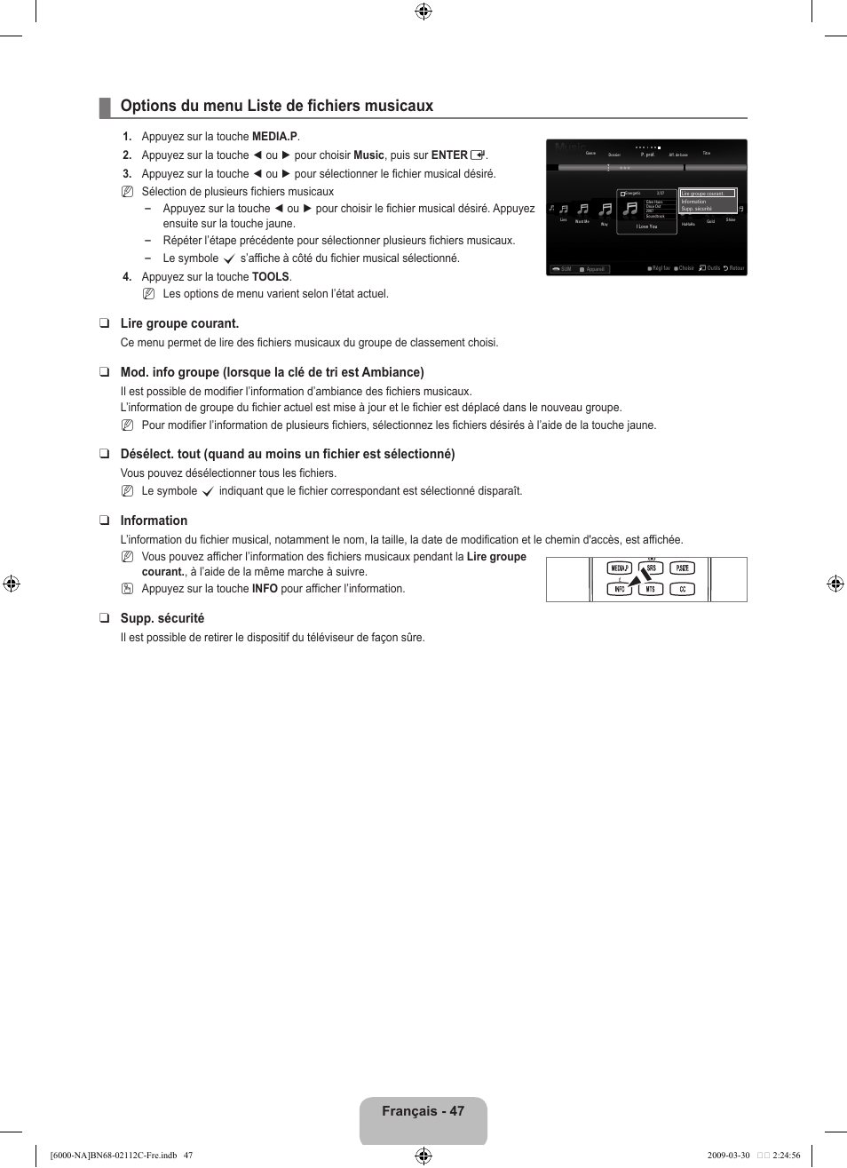 Options du menu liste de fichiers musicaux, Français - 47, Lire groupe courant | Information, Supp. sécurité | Samsung UNB6000 User Manual | Page 212 / 239