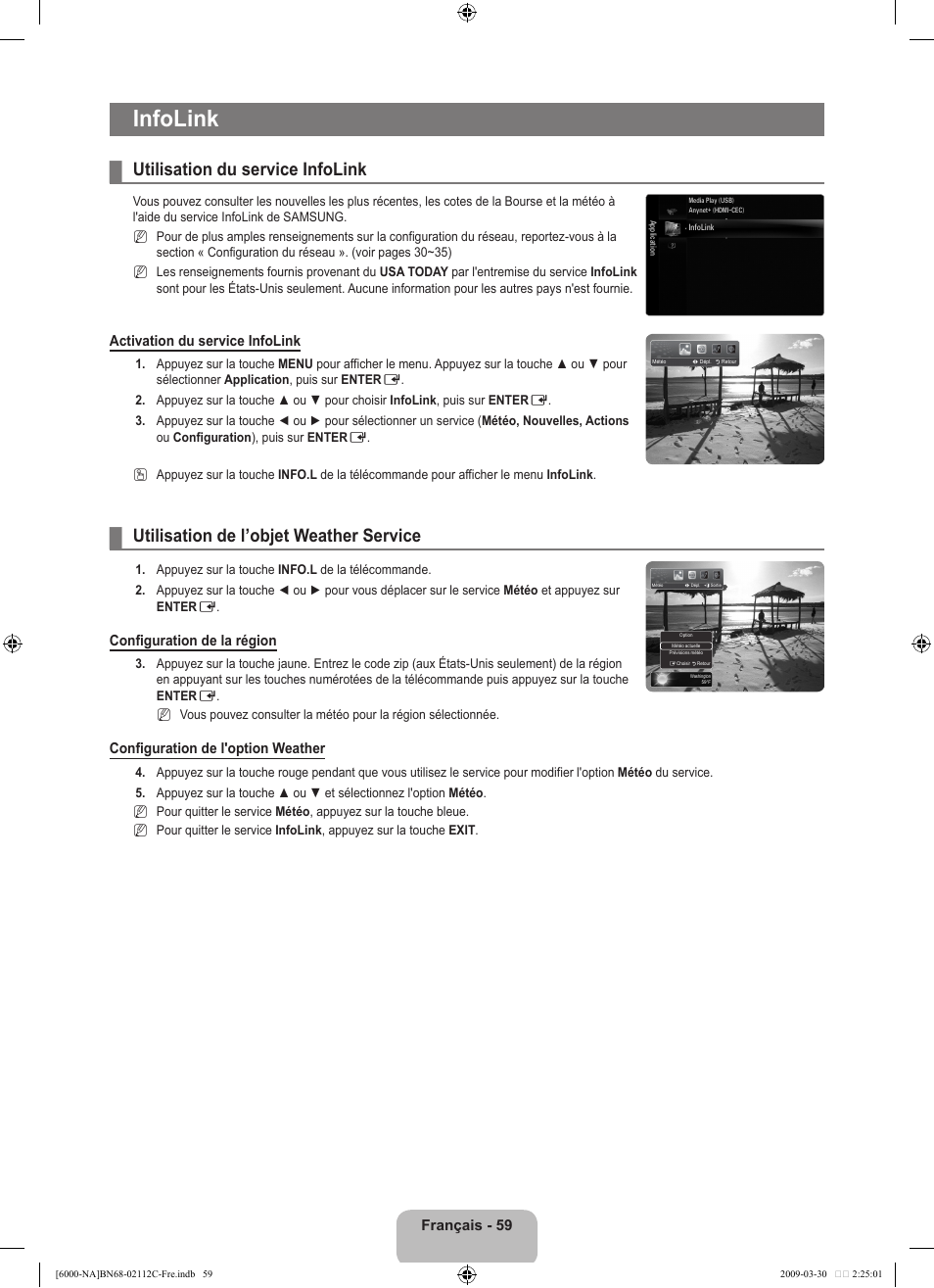 Infolink, Utilisation du service infolink, Utilisation de l’objet weather service | Français - 9, Activation du service infolink, Configuration de la région, Configuration de l'option weather | Samsung UNB6000 User Manual | Page 224 / 239
