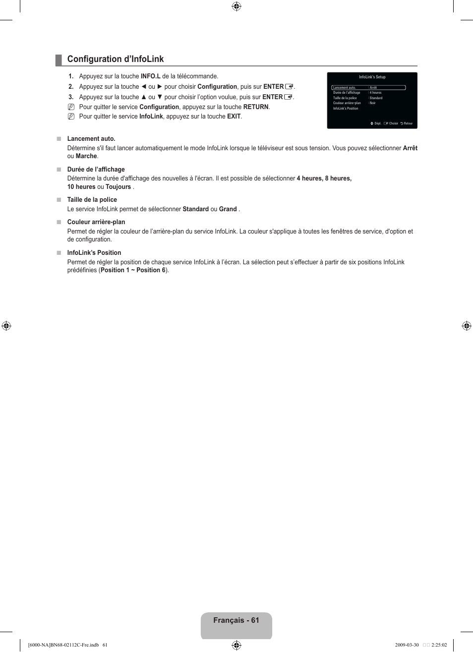 Configuration d’infolink, Français - 61 | Samsung UNB6000 User Manual | Page 226 / 239