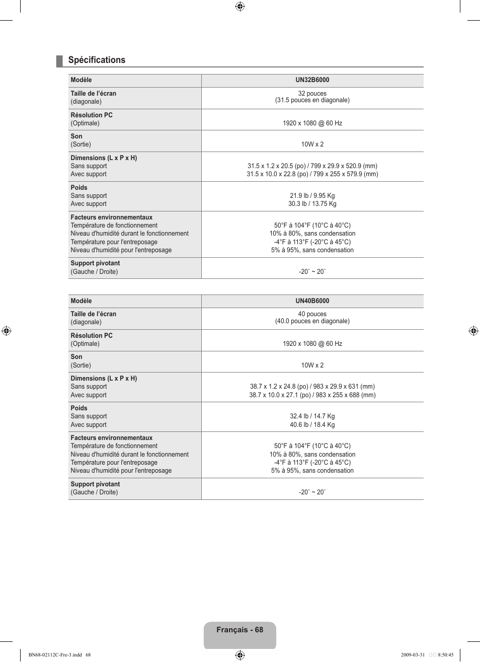 Spécifications | Samsung UNB6000 User Manual | Page 233 / 239