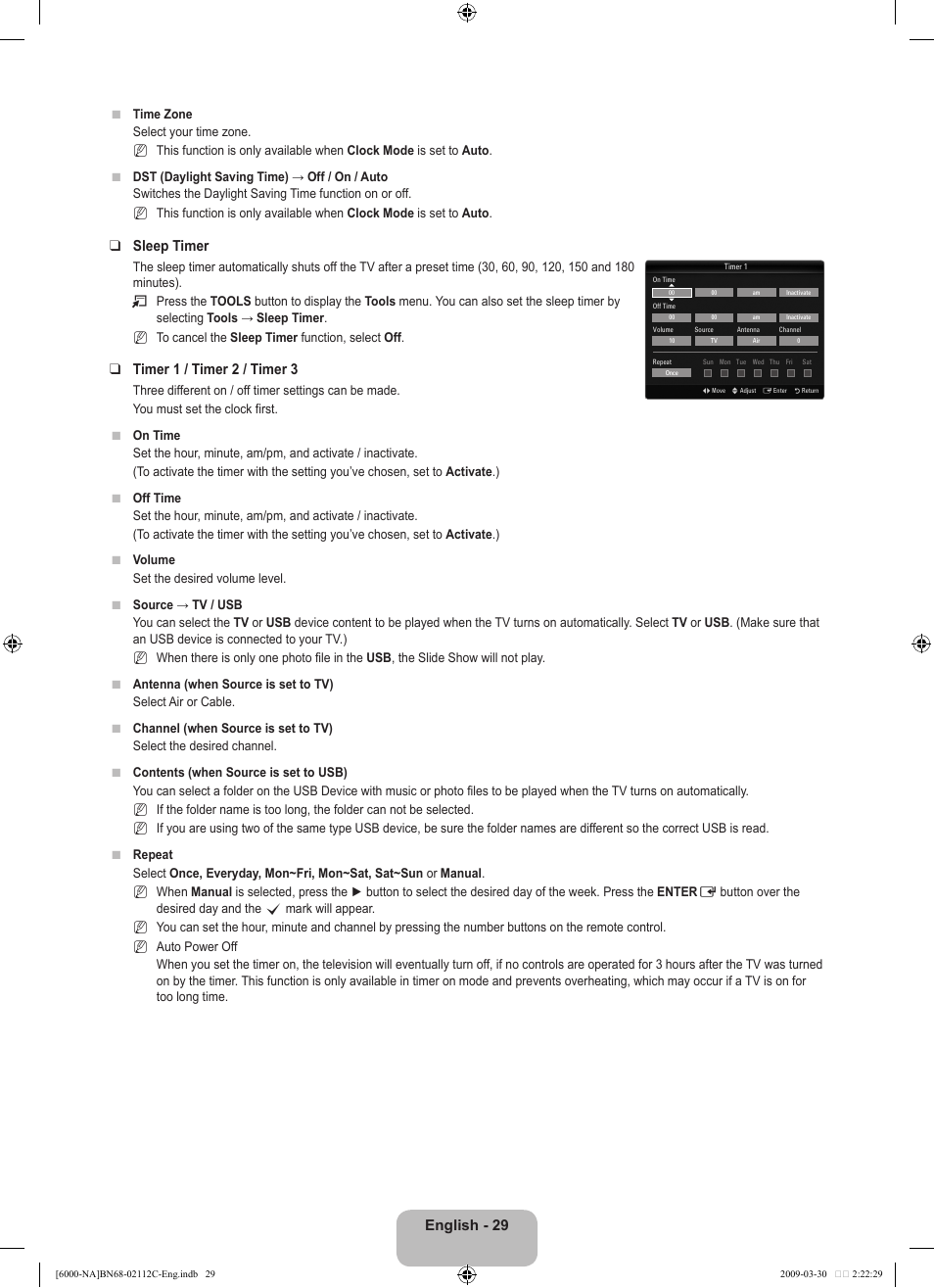 English - 29, Sleep timer, Timer 1 / timer 2 / timer | Samsung UNB6000 User Manual | Page 31 / 239