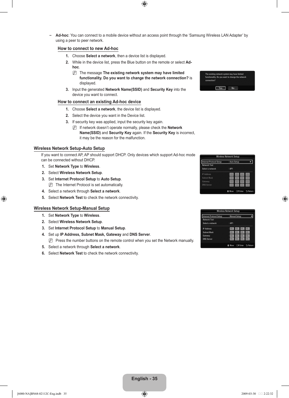 English, How to connect to new ad-hoc, How to connect an existing ad-hoc device | Wireless network setup-auto setup, Wireless network setup-manual setup | Samsung UNB6000 User Manual | Page 37 / 239