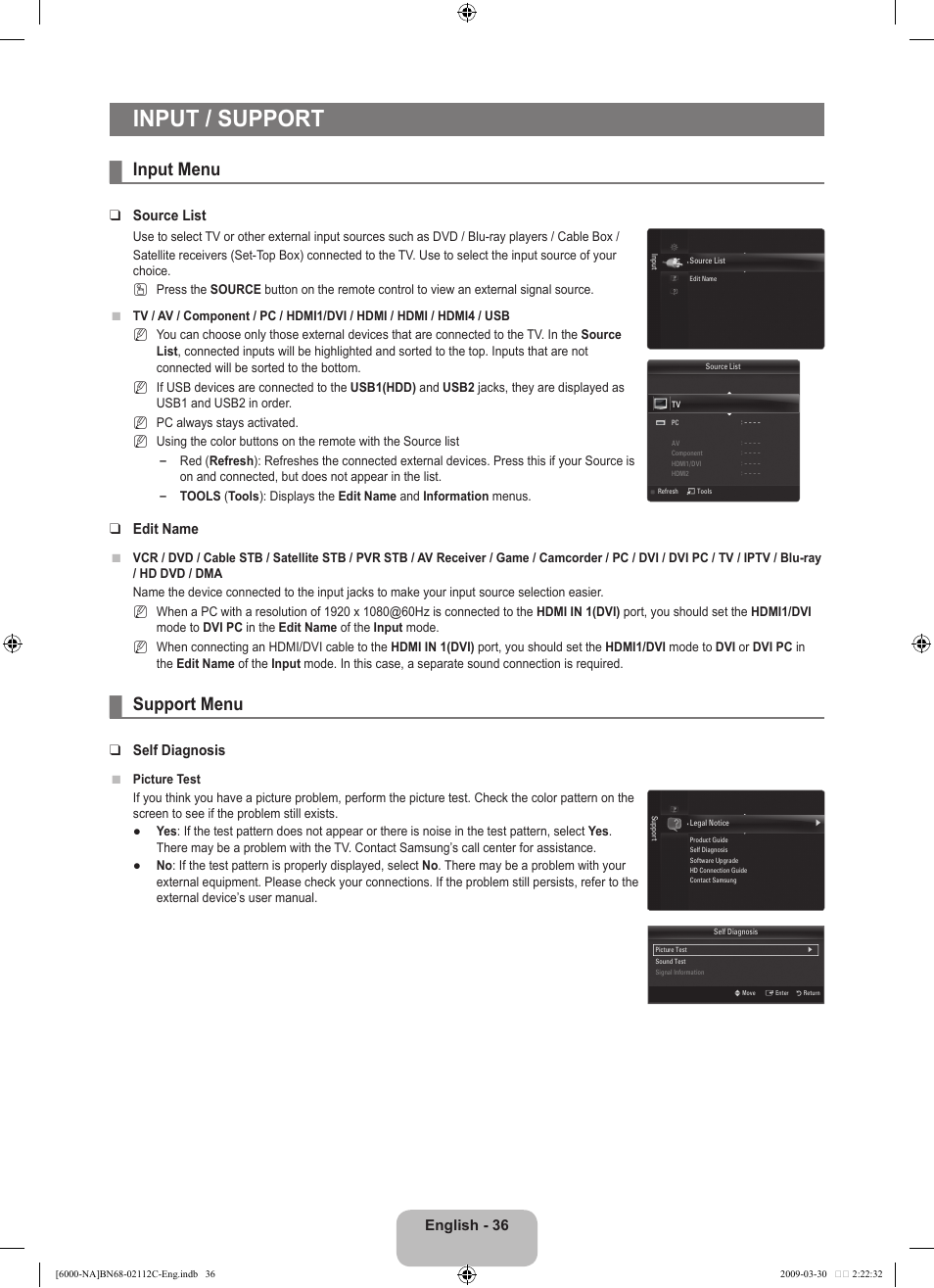Input / support, Input menu, Support menu | English - 6, Source list, Edit name, Self diagnosis | Samsung UNB6000 User Manual | Page 38 / 239