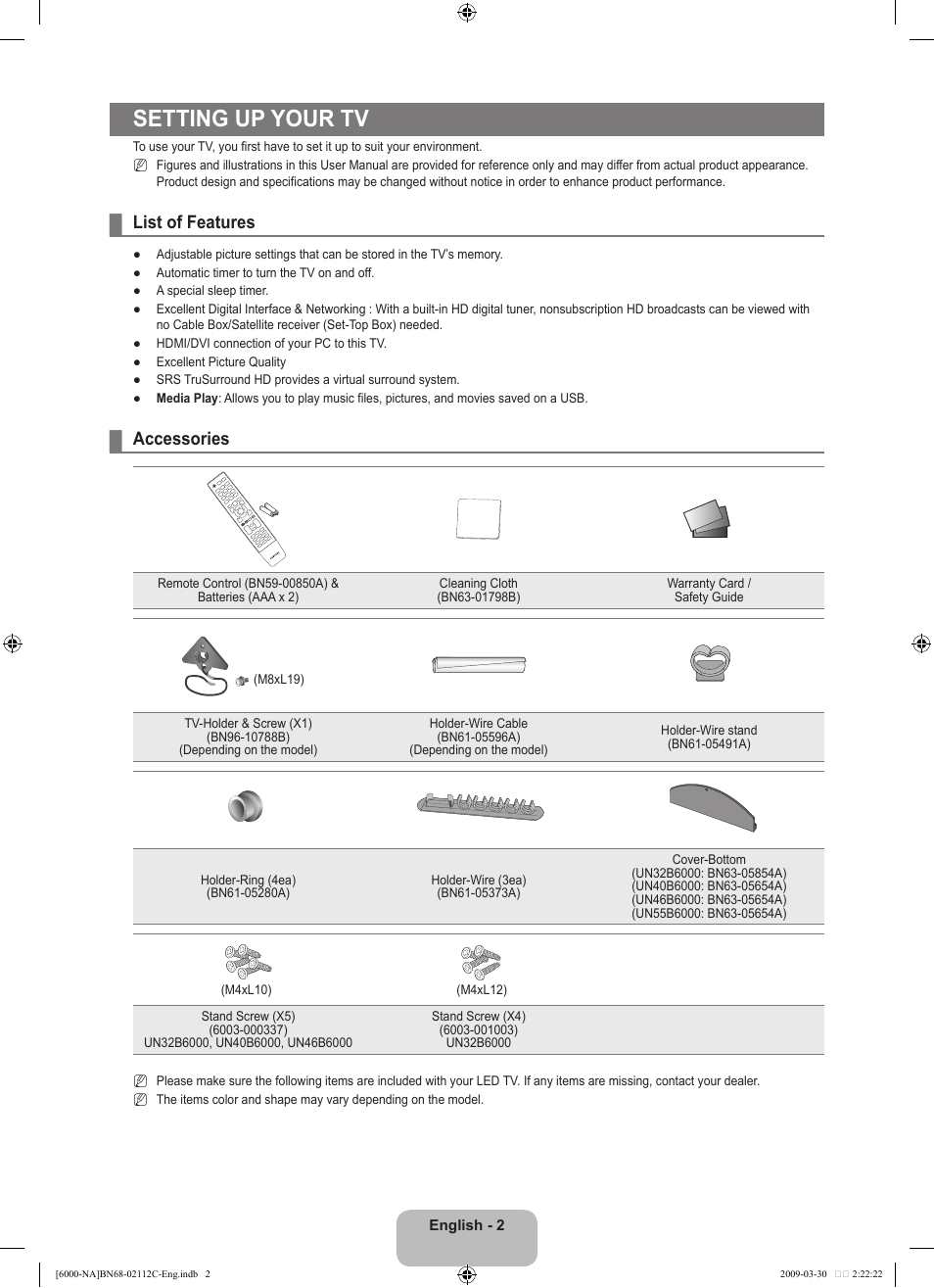 Setting up your tv, List of features, Accessories | Samsung UNB6000 User Manual | Page 4 / 239