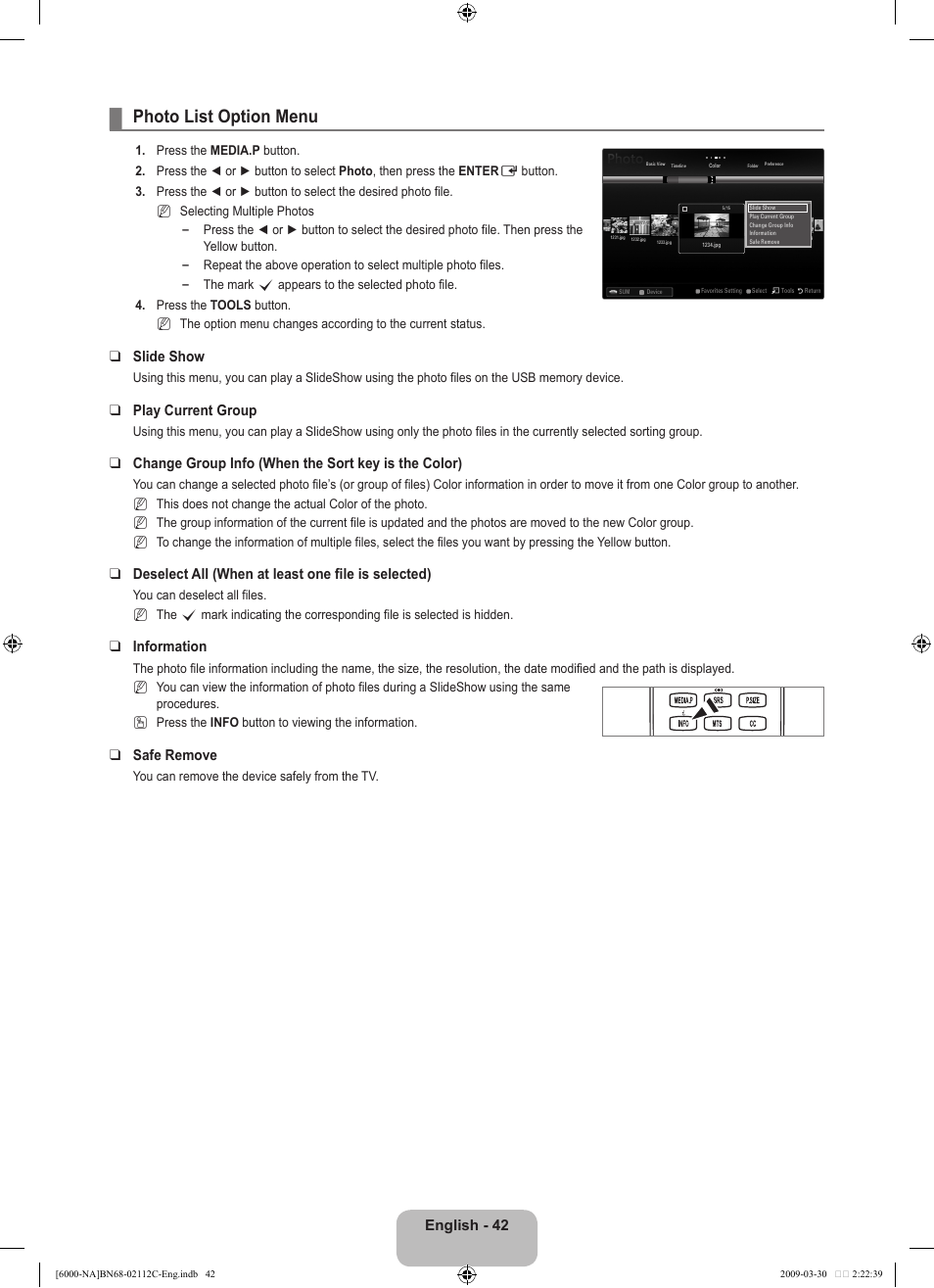 Photo list option menu, English - 42, Slide show | Play current group, Change group info (when the sort key is the color), Deselect all (when at least one file is selected), Information, Safe remove | Samsung UNB6000 User Manual | Page 44 / 239