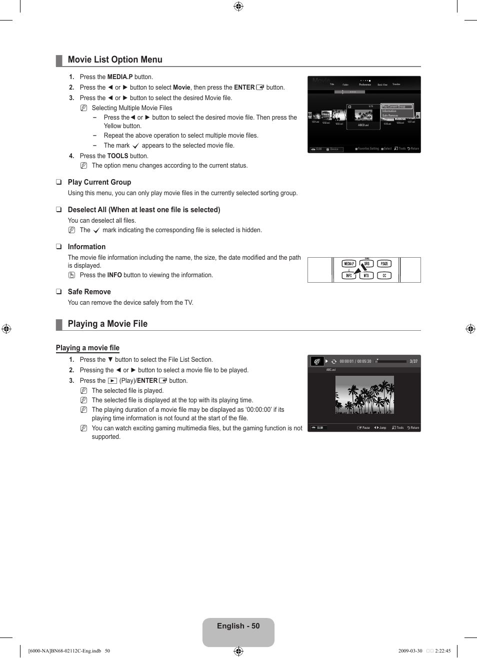 Movie list option menu, Playing a movie file, English - 0 | Play current group, Deselect all (when at least one file is selected), Information, Safe remove | Samsung UNB6000 User Manual | Page 52 / 239