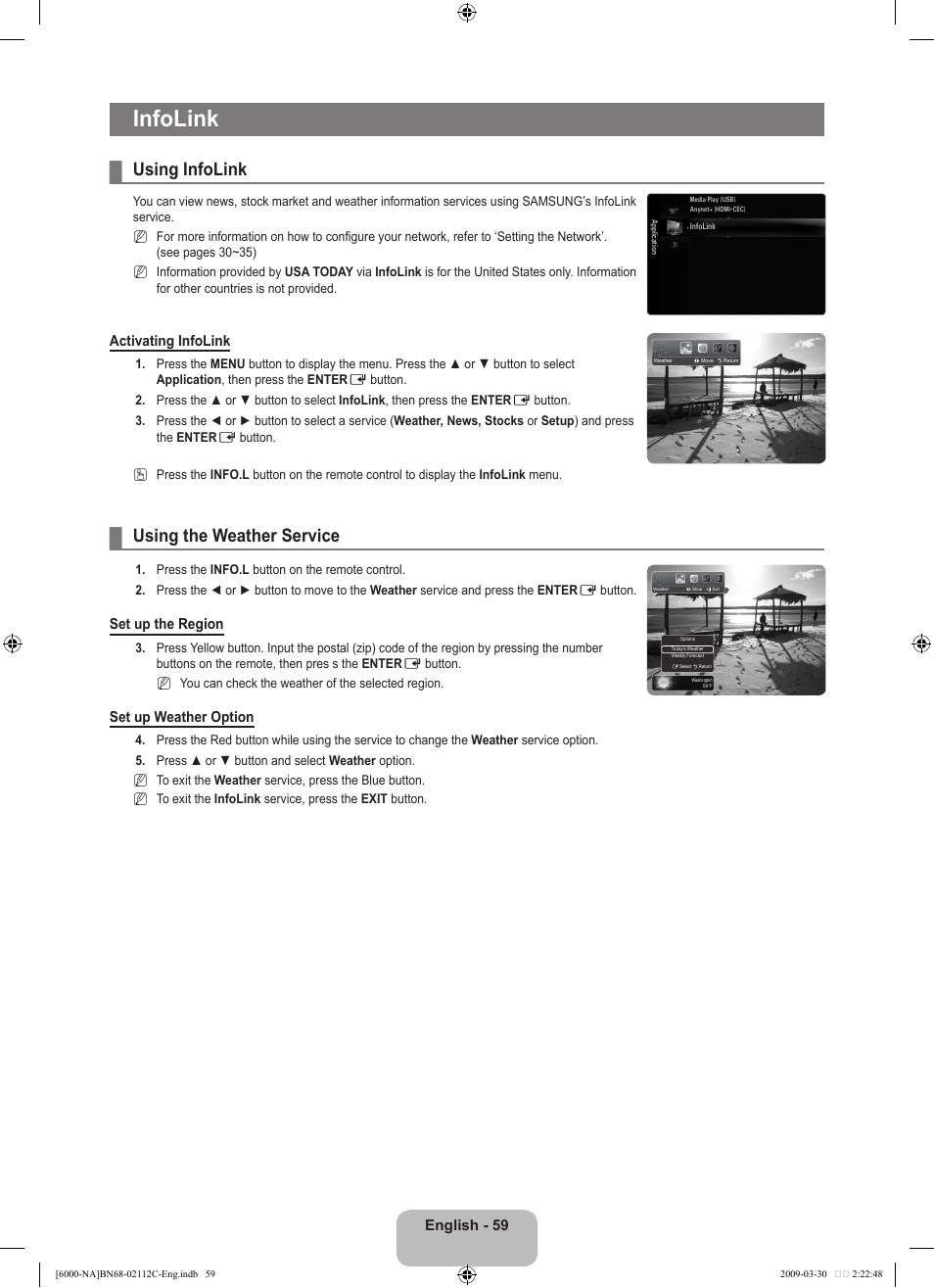 Infolink, Using infolink, Using the weather service | Samsung UNB6000 User Manual | Page 61 / 239