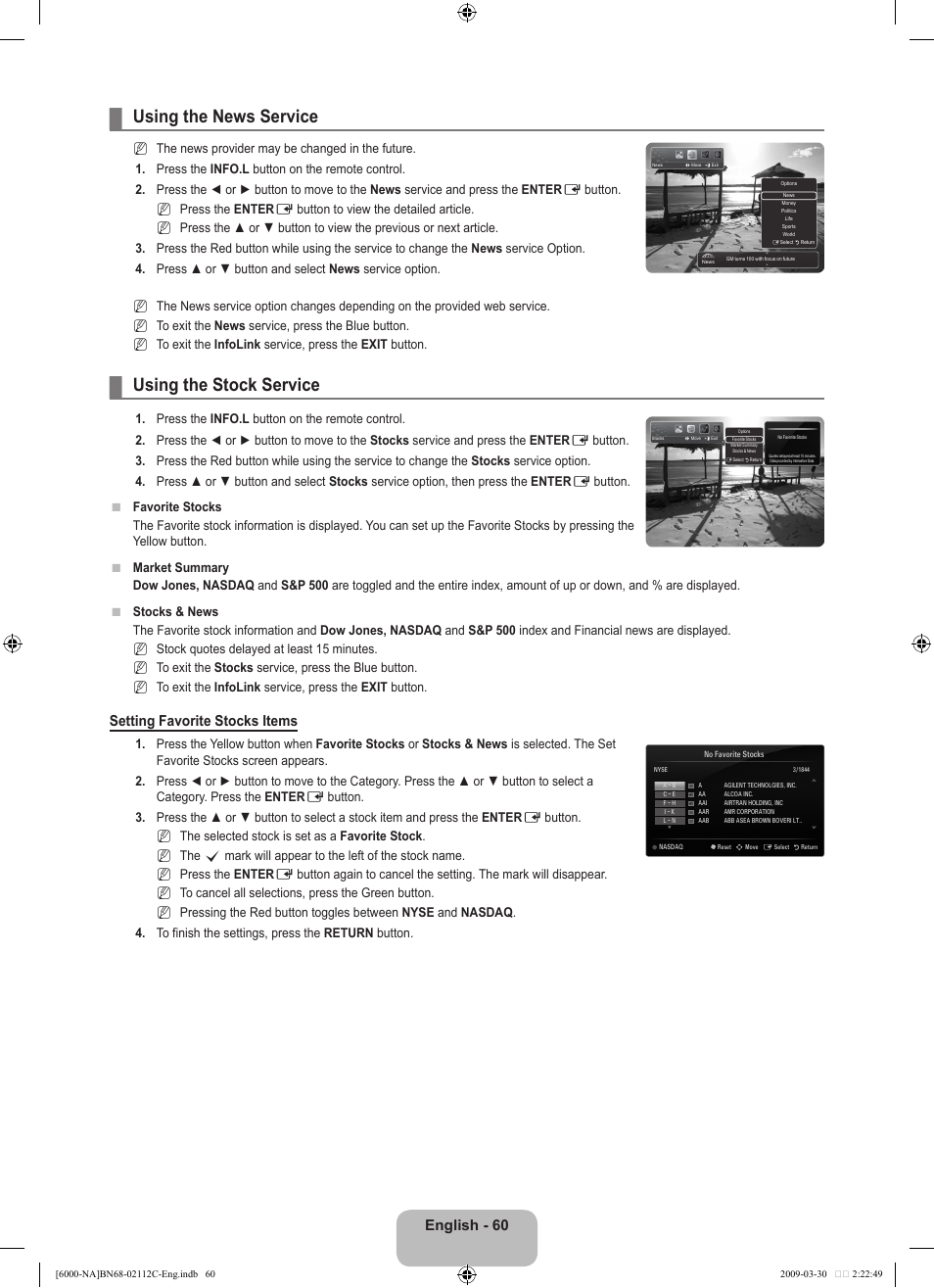 Using the news service, Using the stock service, English - 60 | Setting favorite stocks items | Samsung UNB6000 User Manual | Page 62 / 239