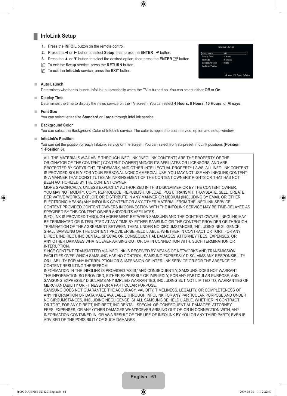 Infolink setup | Samsung UNB6000 User Manual | Page 63 / 239