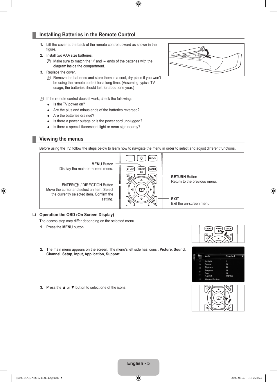 Installing batteries in the remote control, Viewing the menus | Samsung UNB6000 User Manual | Page 7 / 239