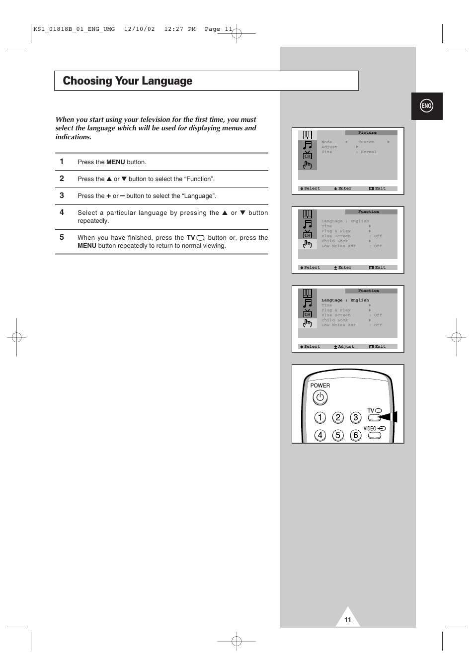 Choosing your language | Samsung 14F2 User Manual | Page 11 / 32