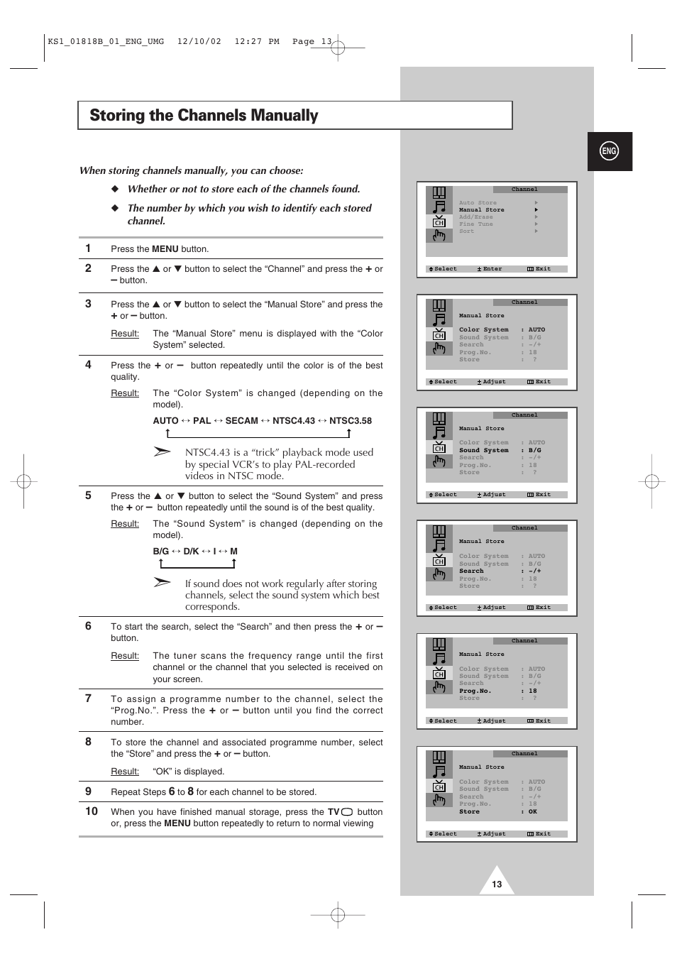 Storing the channels manually | Samsung 14F2 User Manual | Page 13 / 32