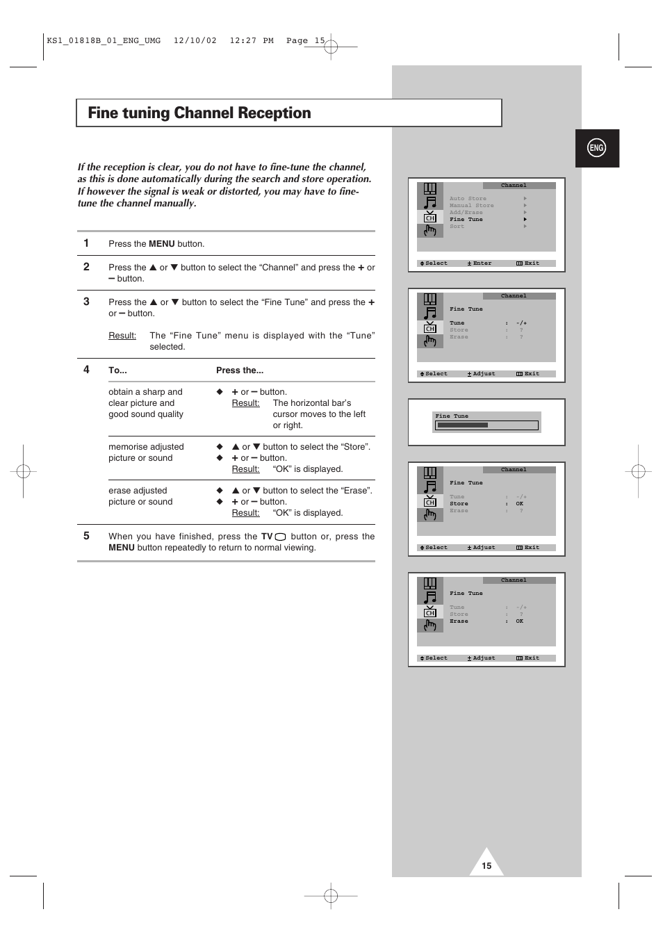 Fine tuning channel reception | Samsung 14F2 User Manual | Page 15 / 32